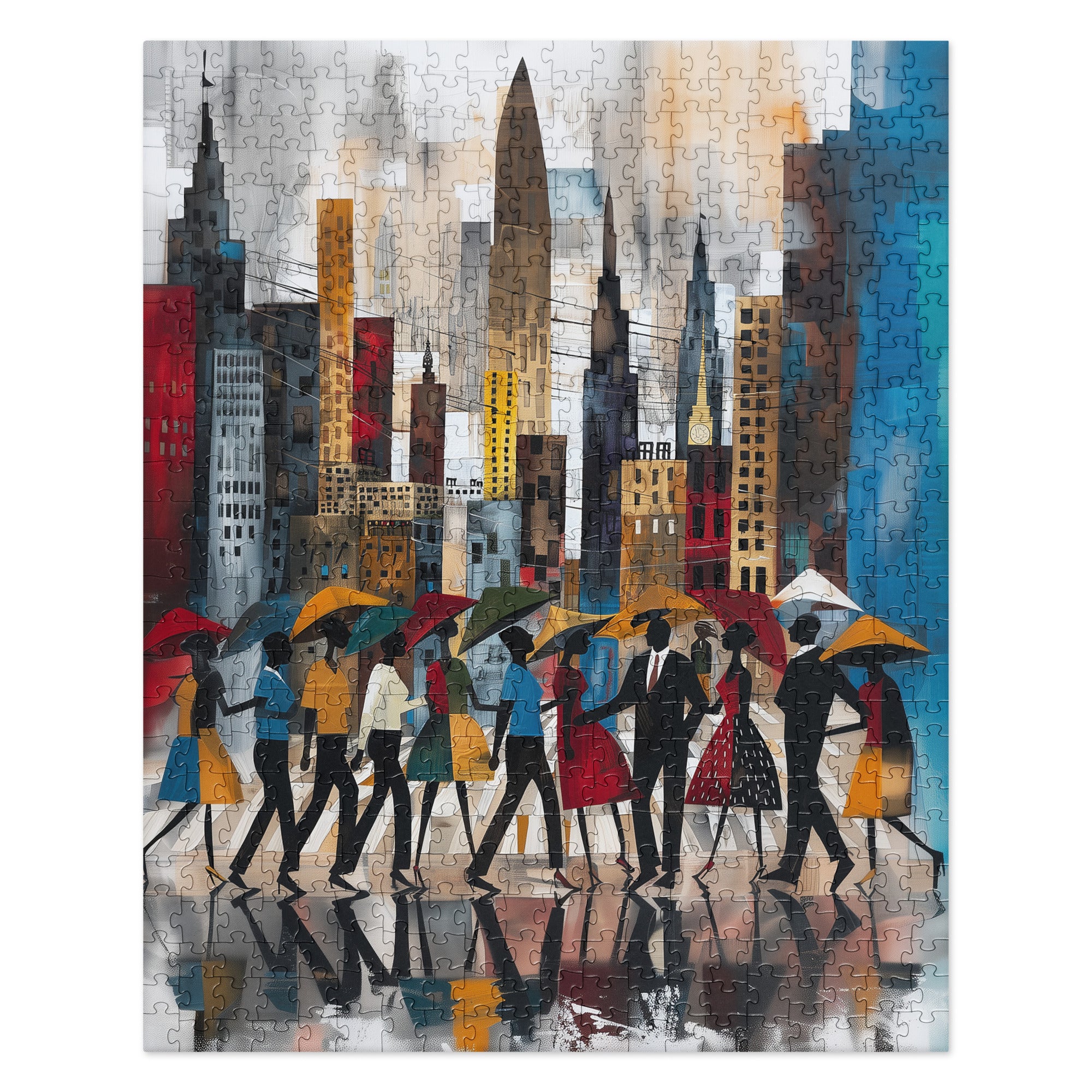 Rainy Day in Manhattan Jigsaw Puzzle - Afrocentric Abstract NYC Puzzle - Style 37, finished 520 piece jigsaw puzzle against a white background.