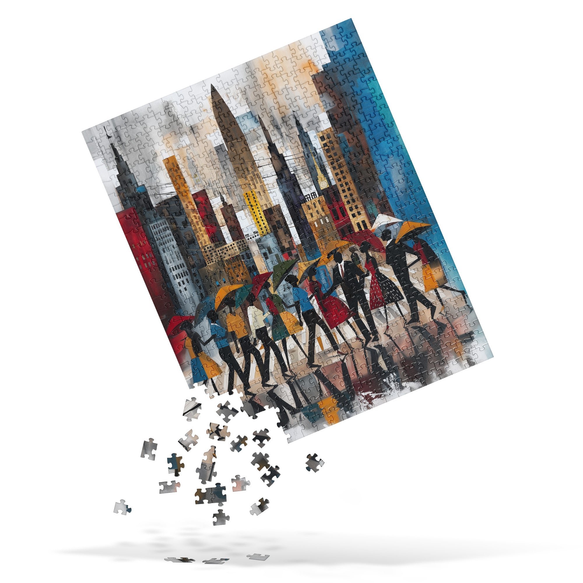Rainy Day in Manhattan Jigsaw Puzzle - Afrocentric Abstract NYC Puzzle - Style 37.  Featuring the 520 piece puzzle with puzzle pieces falling down, featured against a white background.