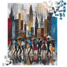 Rainy Day in Manhattan Jigsaw Puzzle - Afrocentric Abstract NYC Puzzle - Style 37.  Featuring the 520 piece puzzle with partially finished puzzle with jigsaw puzzle pieces on opposite edges.