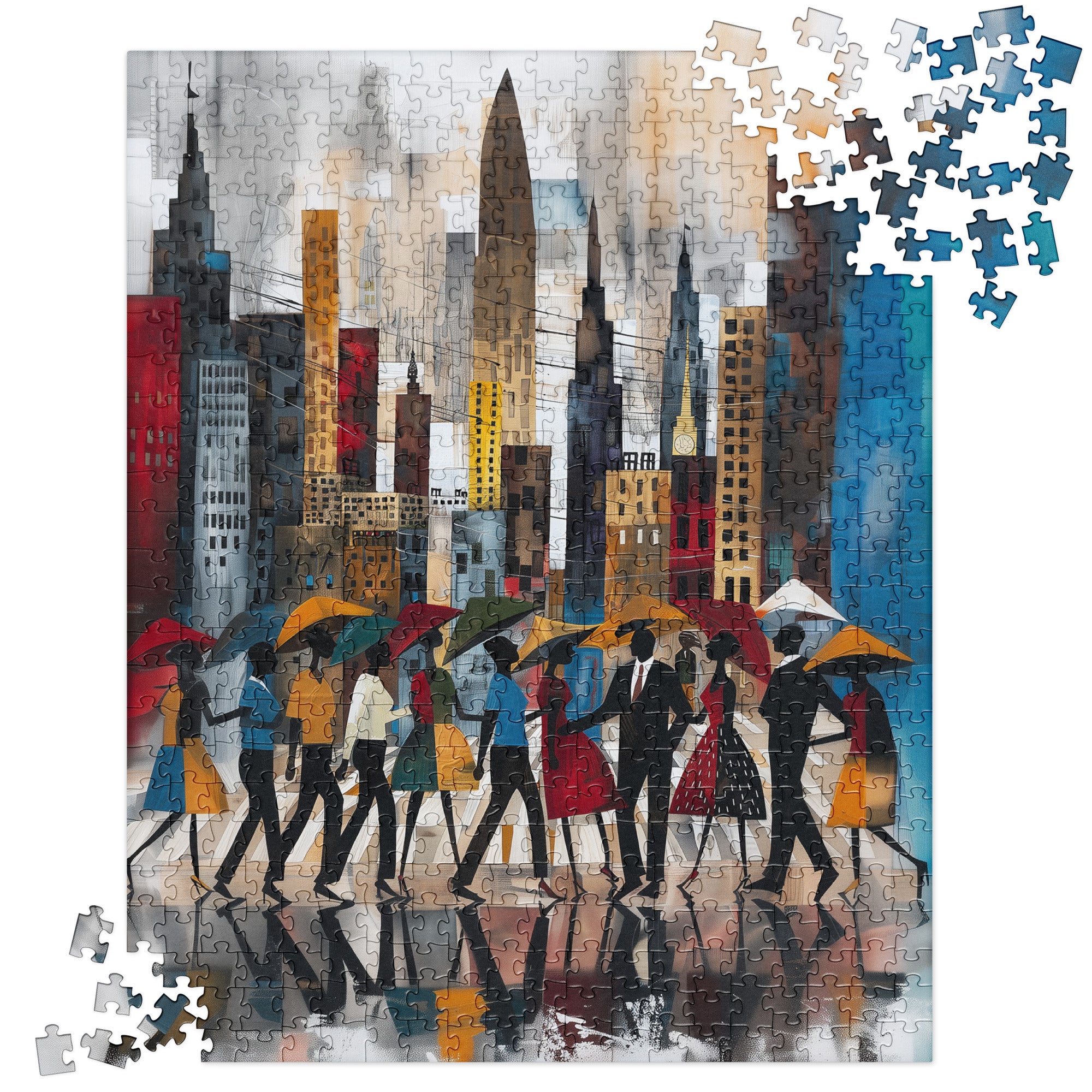 Rainy Day in Manhattan Jigsaw Puzzle - Afrocentric Abstract NYC Puzzle - Style 37.  Featuring the 520 piece puzzle with partially finished puzzle with jigsaw puzzle pieces on opposite edges.
