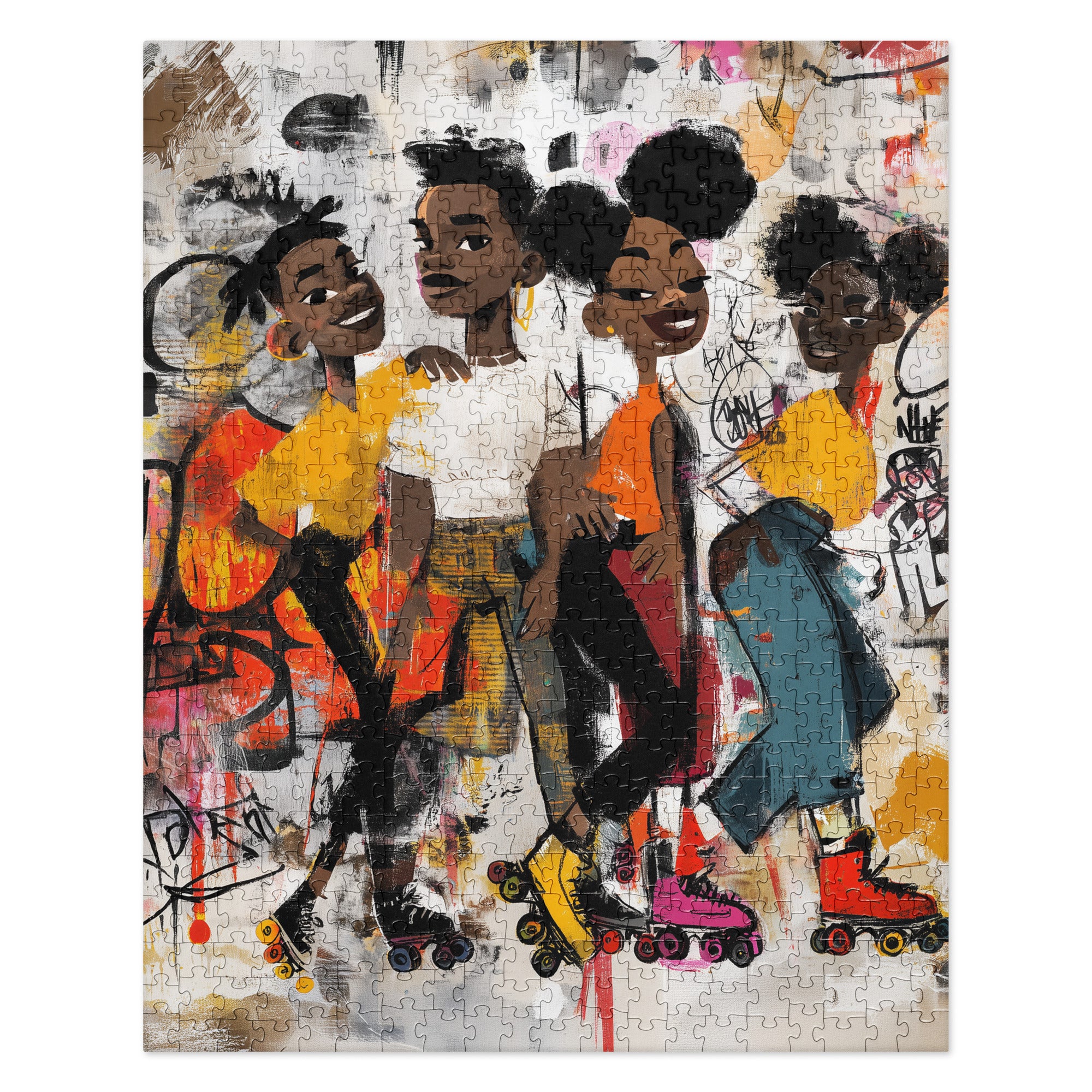 Colorful finished 252 piece jigsaw puzzle featuring Afrocentric graffiti artwork of joyful Black roller skaters gliding through a vibrant urban scene with bold street art, expressive movement, and energetic contemporary illustration.