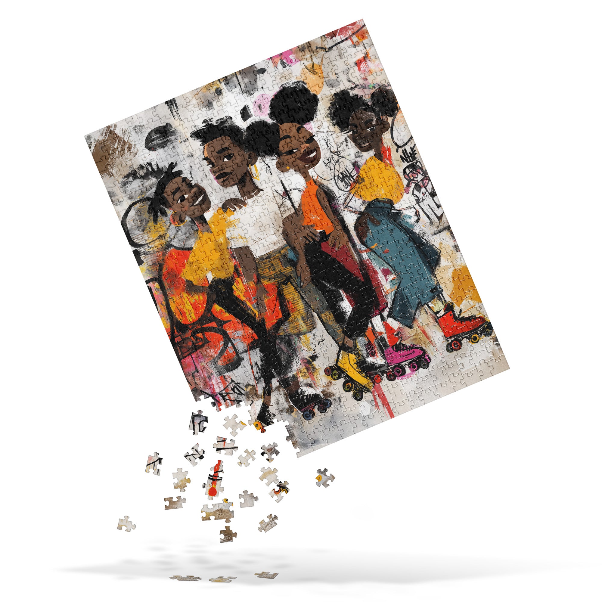 Colorful 520 piece jigsaw puzzle featuring Afrocentric graffiti artwork of joyful Black roller skaters.