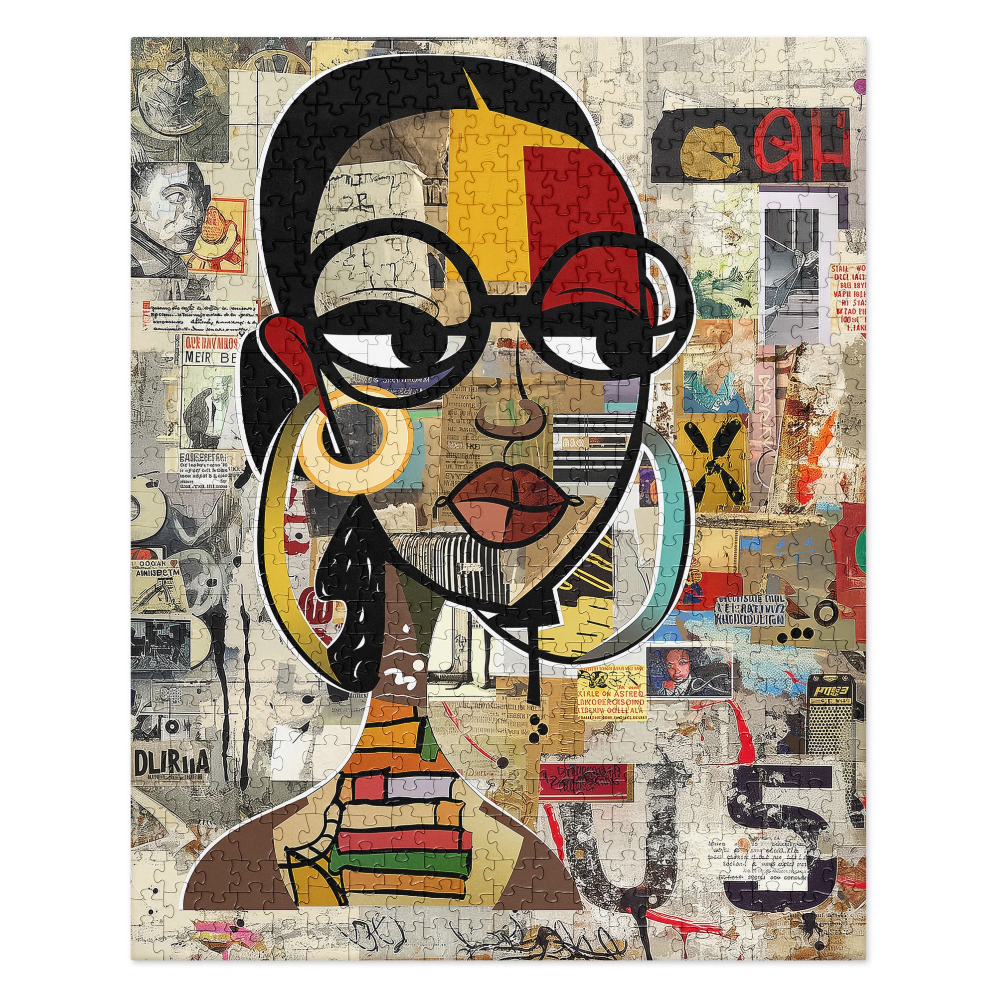 A square jigsaw puzzle featuring a stylized collage portrait of a woman with black glasses, large hoop earrings, and a colorful face, set against a busy newspaper and poster background.