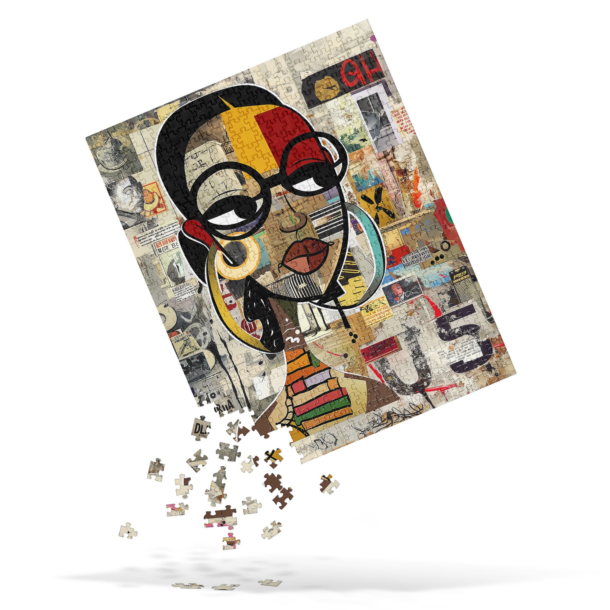 A jigsaw puzzle featuring a stylized portrait of a woman with glasses, shown floating at an angle with loose puzzle pieces scattered below on a white background.