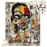 A completed jigsaw puzzle featuring a stylized portrait of a woman with glasses and colorful geometric blocks, overlaid on a collage background. Several loose puzzle pieces are scattered around the top right and bottom left on a white background.