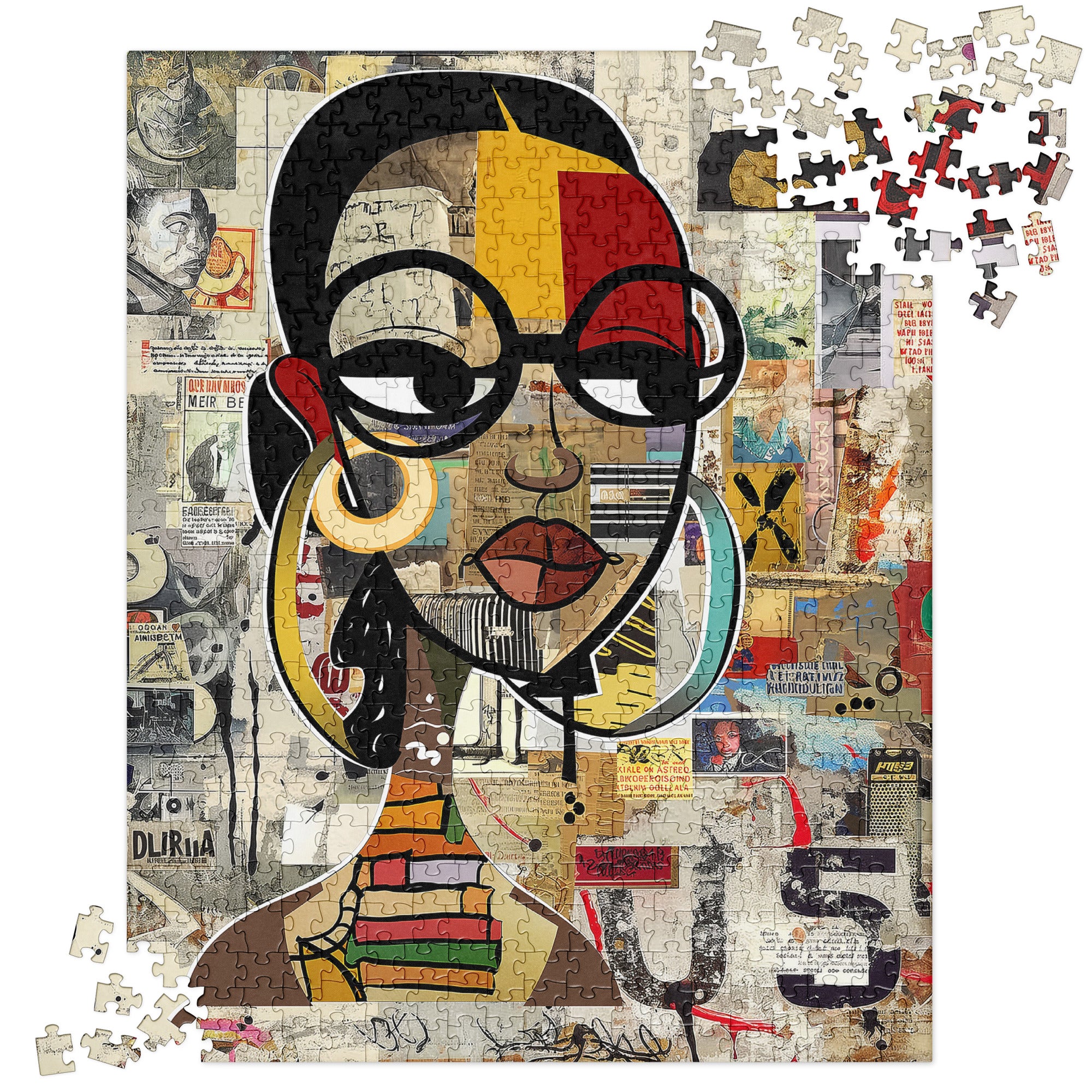 A completed jigsaw puzzle featuring a stylized portrait of a woman with glasses and colorful geometric blocks, overlaid on a collage background. Several loose puzzle pieces are scattered around the top right and bottom left on a white background.
