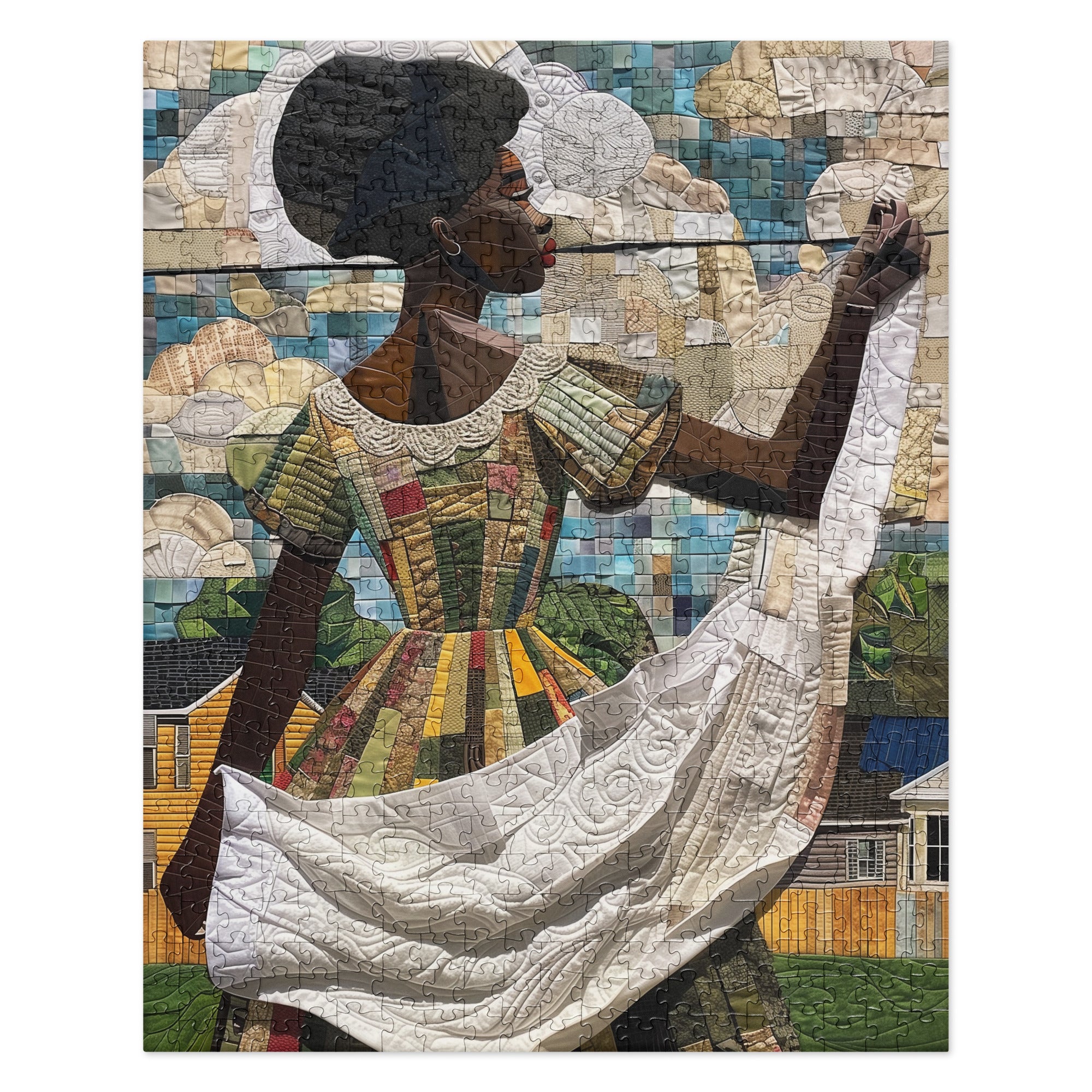 A completed jigsaw puzzle featuring a stylized mosaic portrait of a Black woman in a white dress hanging laundry on clothesline set against a colorful background of houses, trees, and clouds. The puzzle is shown flat against a clean white background.