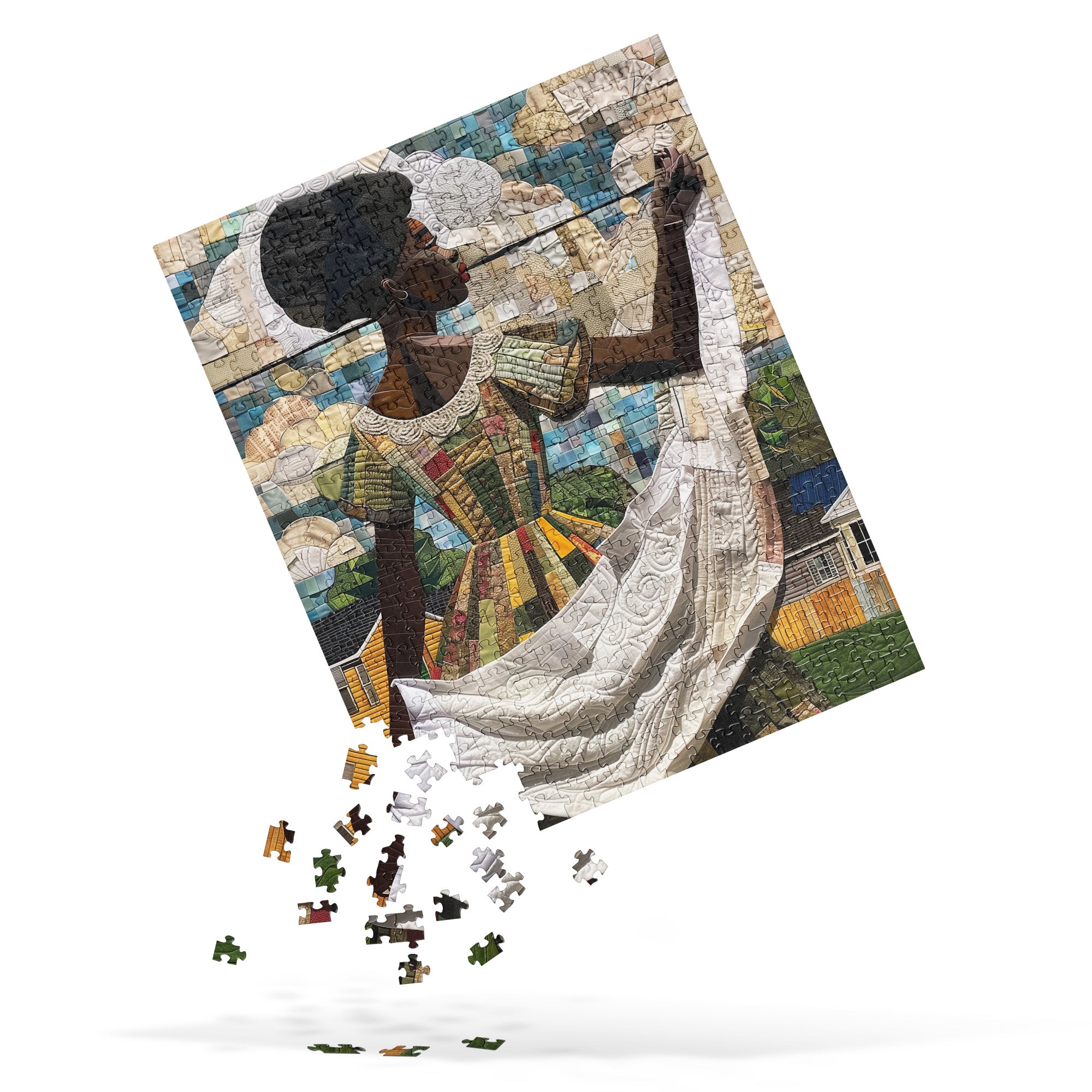 A jigsaw puzzle featuring a stylized mosaic portrait of a woman in a white dress, shown at an angle with several loose puzzle pieces scattered below on a white background.