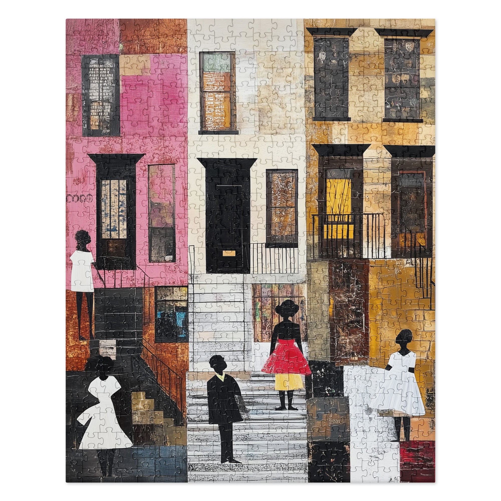 A completed jigsaw puzzle showing an urban street scene of Harlem brownstones with Black women in Sunday white dresses,  shown against a white background.  Size = 520 pieces.