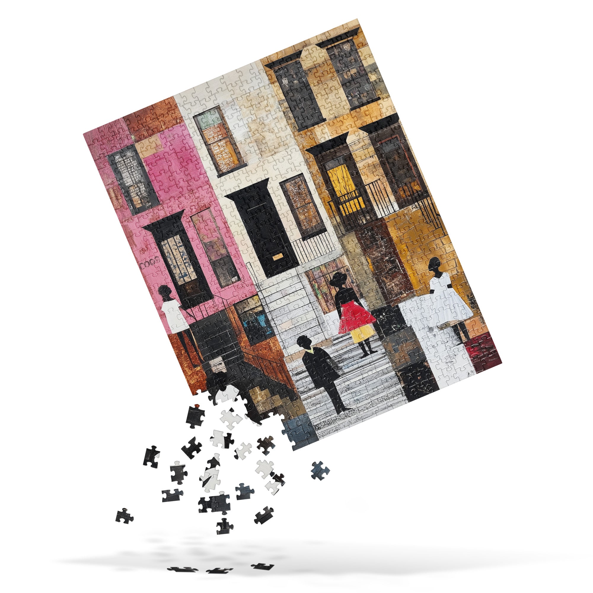 A jigsaw puzzle featuring an artistic depiction of urban apartment buildings in pink, beige, brown, and yellow tones, with silhouetted figures on a staircase. The puzzle is shown tilted on a white background with several loose puzzle pieces scattered below.