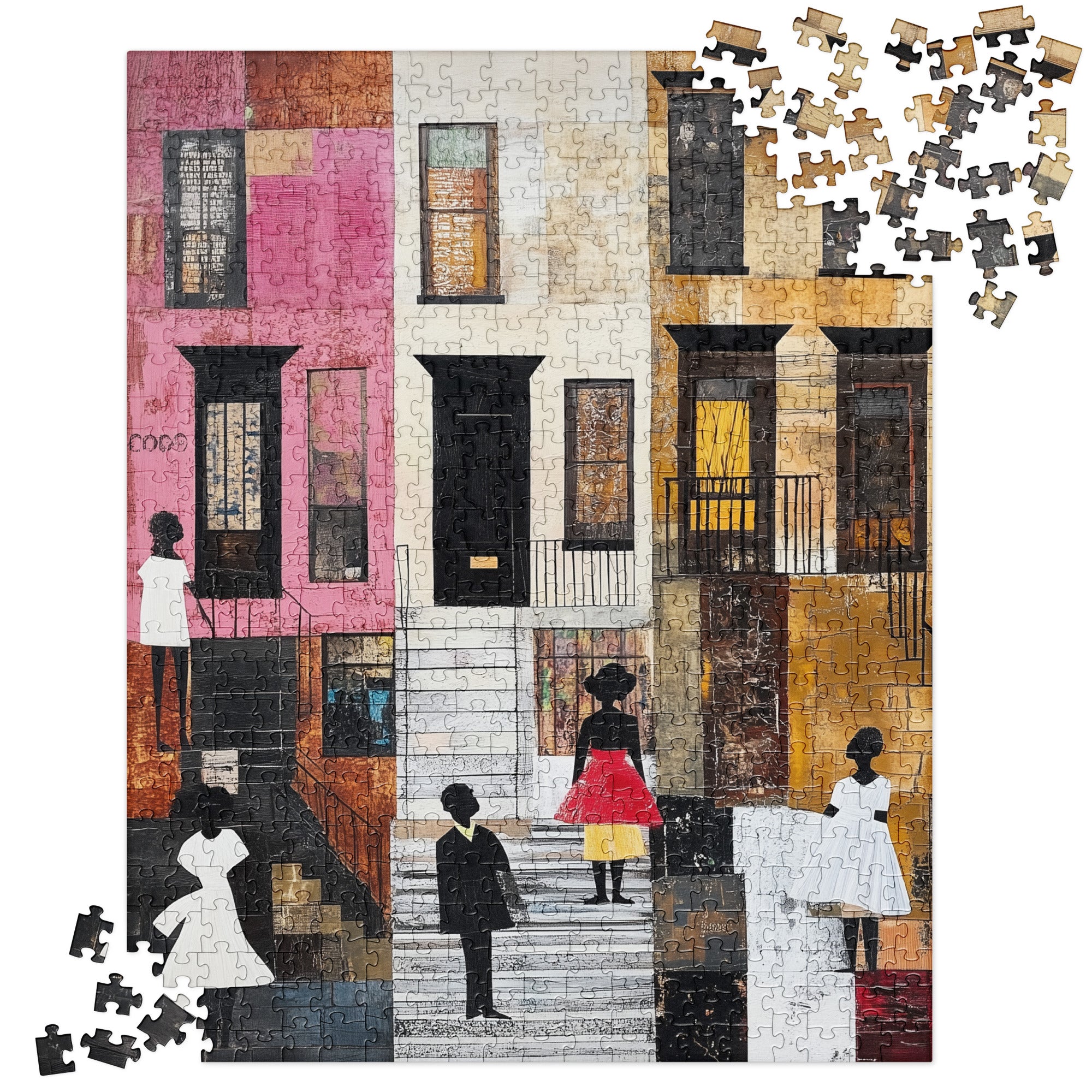 A completed jigsaw puzzle showing an urban street scene of Harlem brownstones with Black women in Sunday white dresses,  plus loose puzzle pieces scattered in the top-right and bottom-left corners on a white background.