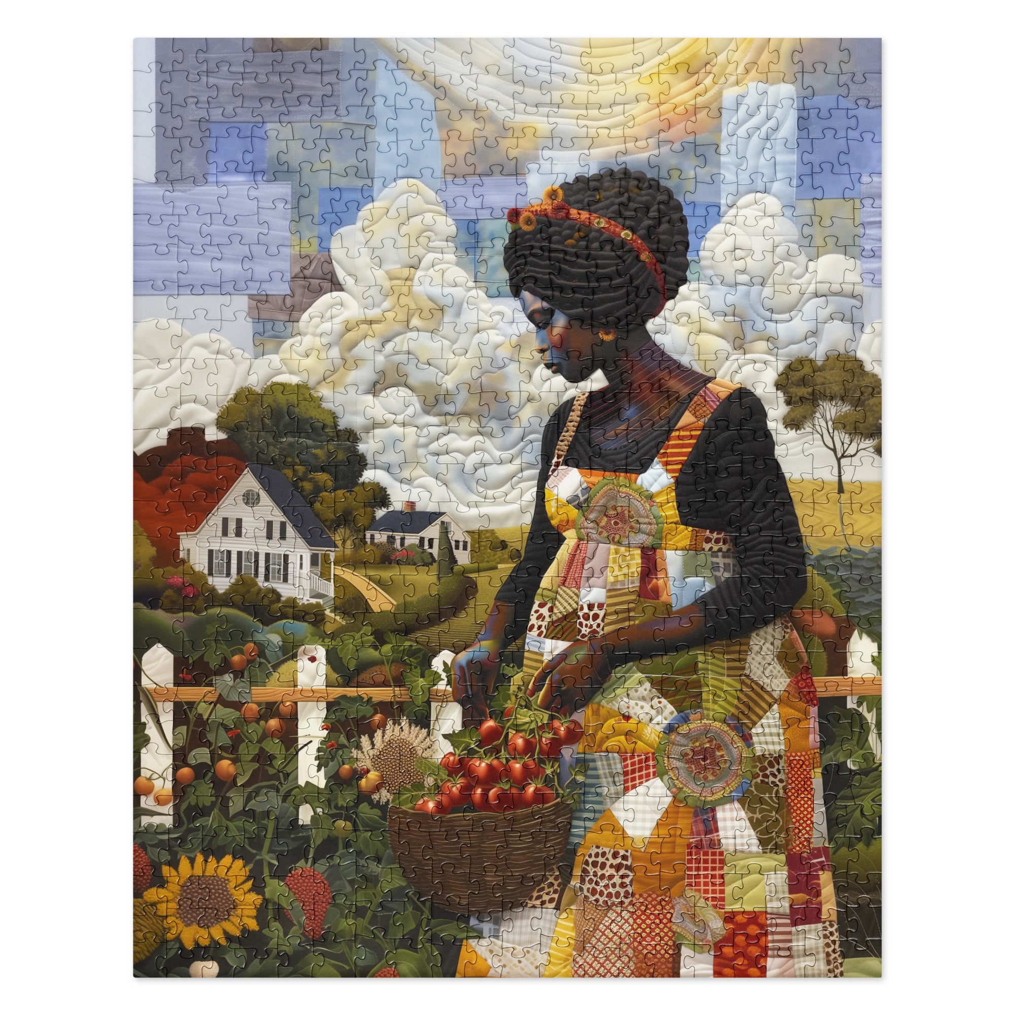 Completed jigsaw puzzle featuring Black women gardening and harvesting fresh vegetables, illustrated in a colorful faux quilt collage style with layered fabric-inspired textures and Afrocentric artistry. Size 520 pieces.