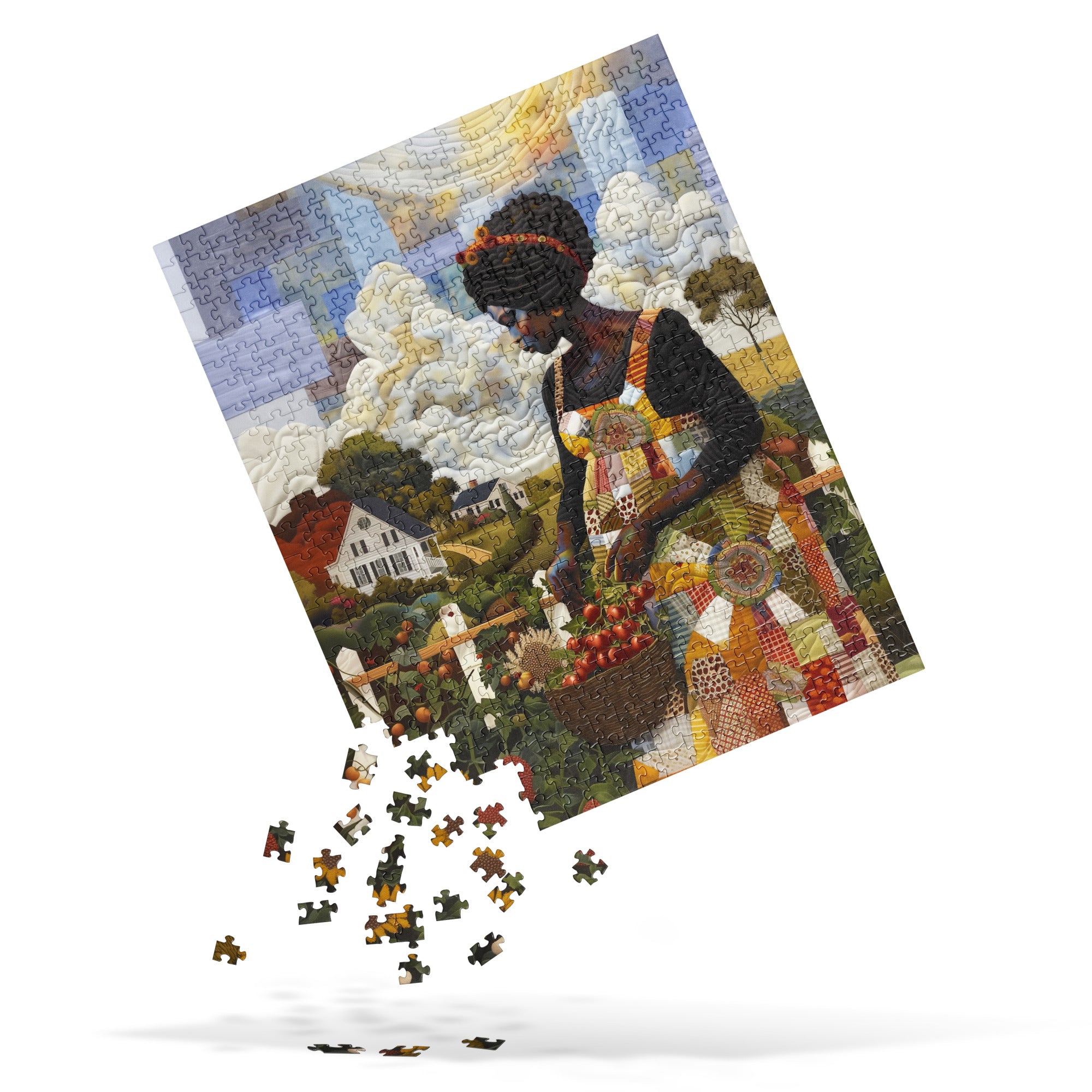 Falling pieces of work in progress of jigsaw puzzle featuring Black women gardening and harvesting fresh vegetables, illustrated in a colorful faux quilt collage style with layered fabric-inspired textures and Afrocentric artistry. Size 520 pieces.