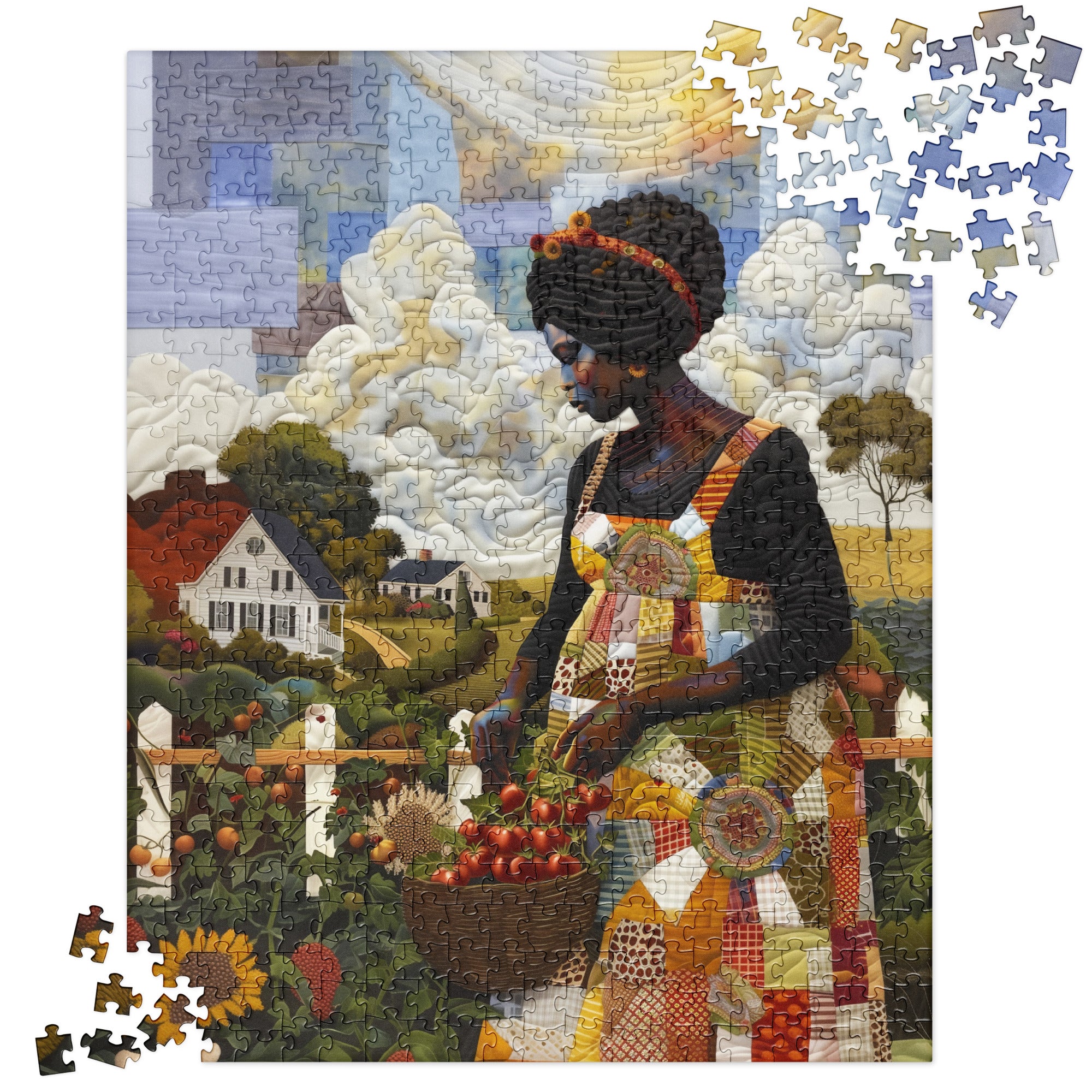 In process of working jigsaw puzzle featuring Black women gardening and harvesting fresh vegetables, illustrated in a colorful faux quilt collage style with layered fabric-inspired textures and Afrocentric artistry. Size 520 pieces.