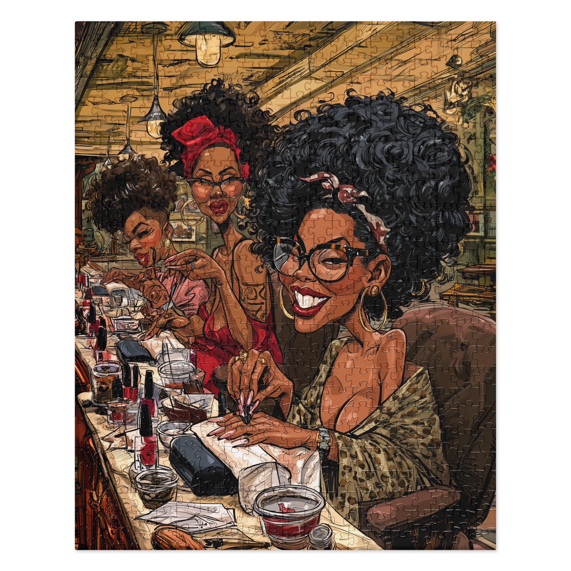 Completed colorful 520 piece jigsaw puzzle artwork featuring stylish Black women enjoying manicures together at a busy nail salon, with natural hairstyles, glasses, nail polish and beauty accessories.