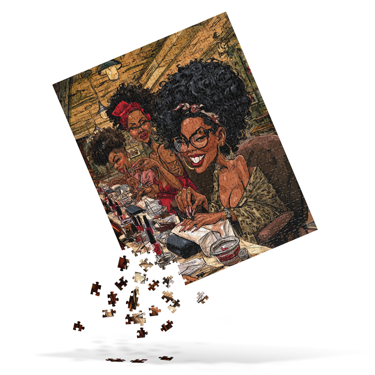 View of in progress building of colorful 520 piece jigsaw puzzle artwork featuring stylish Black women enjoying manicures together at a busy nail salon, with natural hairstyles, glasses, nail polish and beauty accessories.  Display shows puzzle in mid-air with pieces of puzzle cascading down on the lower left edge.