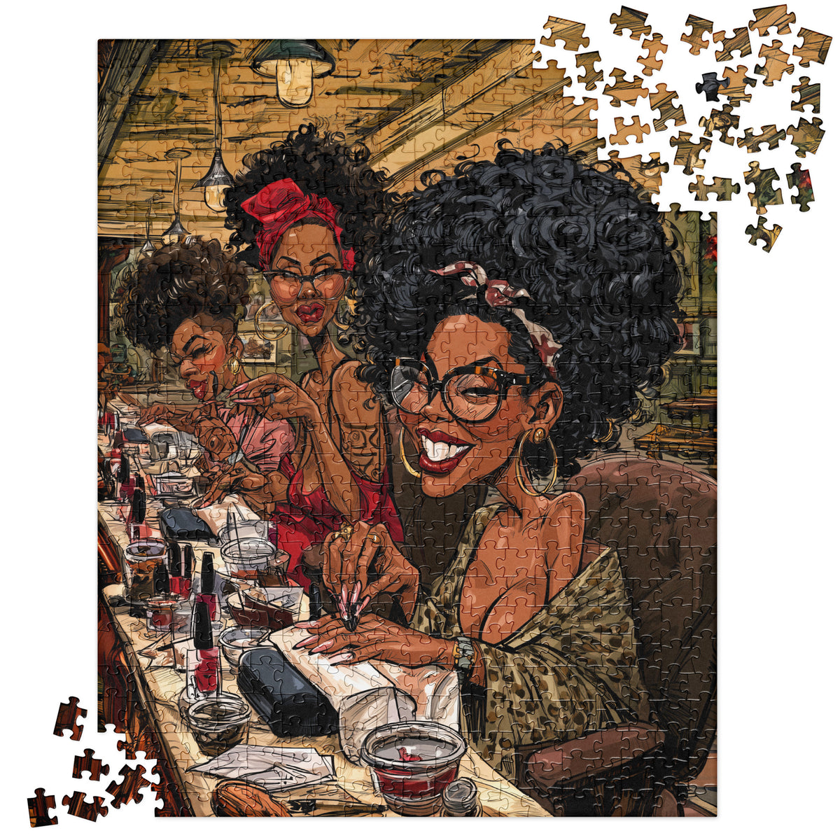 View of in progress building of colorful 520 piece jigsaw puzzle artwork featuring stylish Black women enjoying manicures together at a busy nail salon, with natural hairstyles, glasses, nail polish and beauty accessories.
