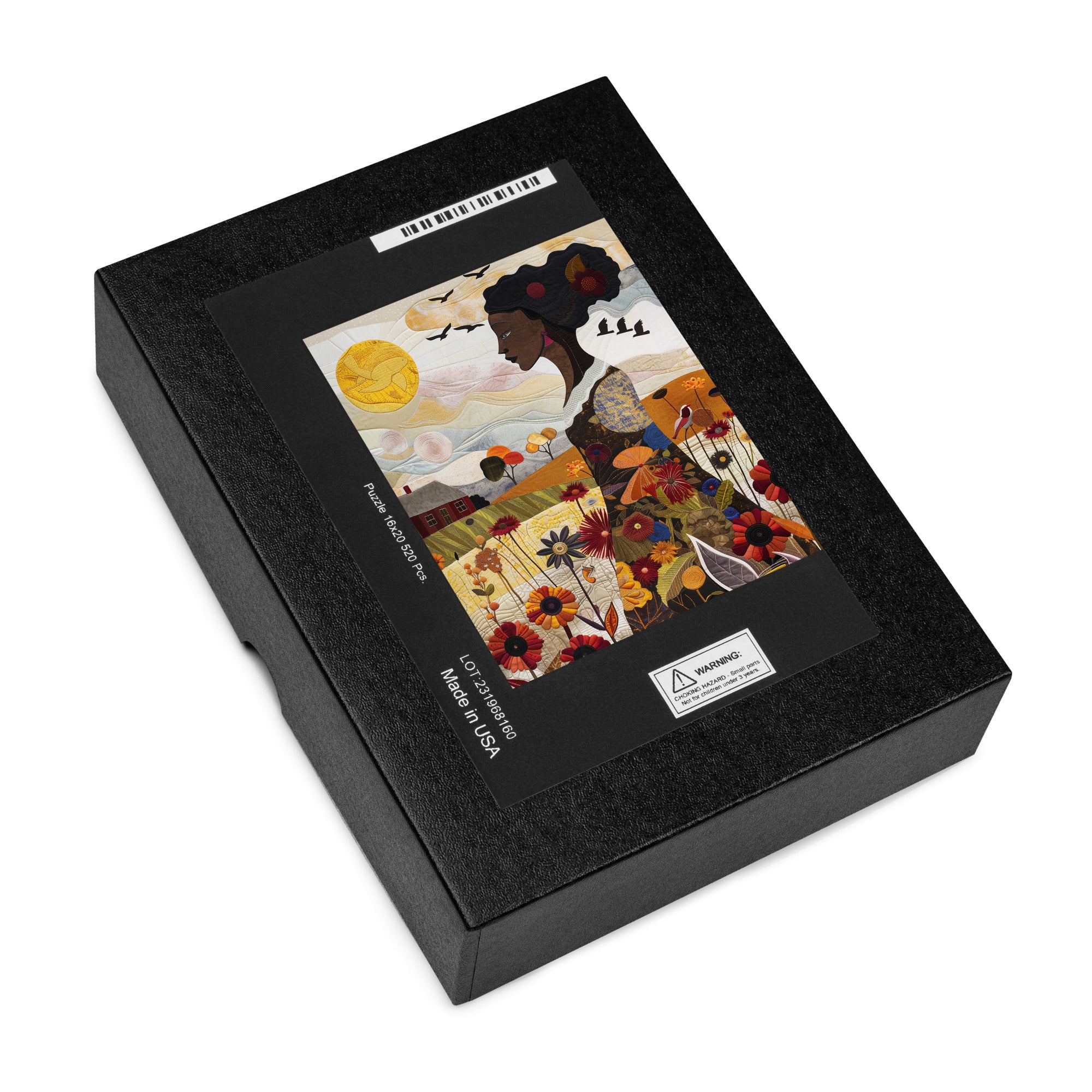 Jigsaw puzzle featuring an African American woman in a vibrant garden surrounded by colorful wildflowers. The design is quilt-inspired, blending floral nature elements with Afrocentric art. Ideal for art therapy, relaxation, and celebrating Black women who love gardening.