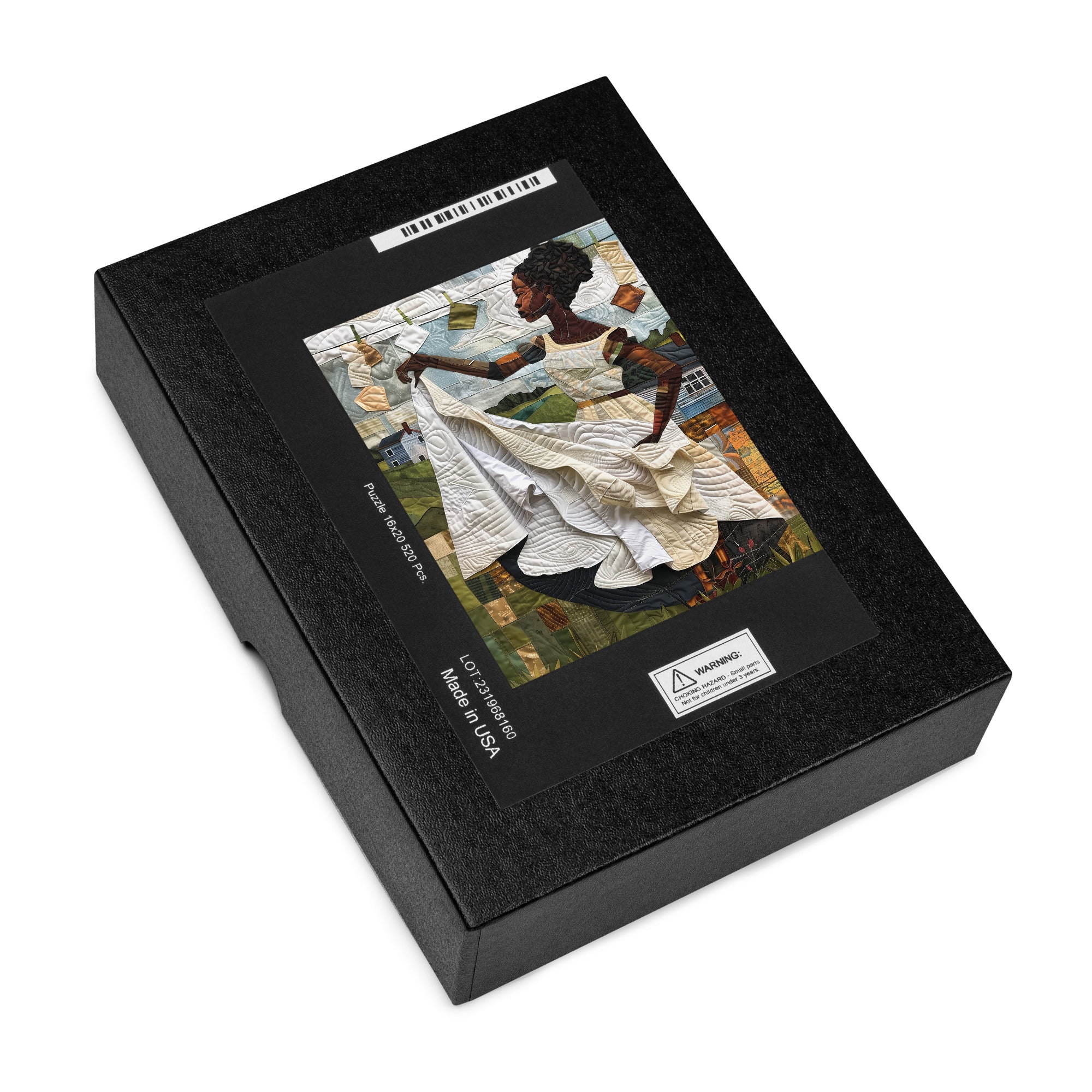 Afrocentric jigsaw puzzle featuring a Black woman hanging laundry on a clothesline, illustrated in a mosaic quilt collage style celebrating domestic life, care, and cultural heritage.