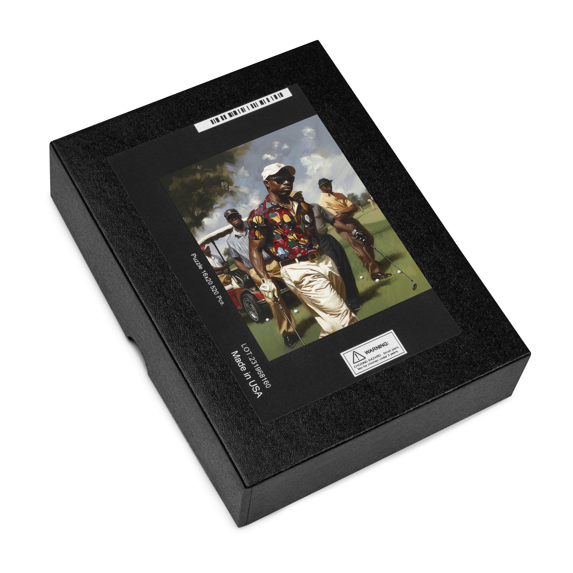 Afrocentric jigsaw puzzle featuring stylish Black men playing golf on a lush green course, celebrating Black joy, brotherhood, and leisure in a vibrant fine art style.