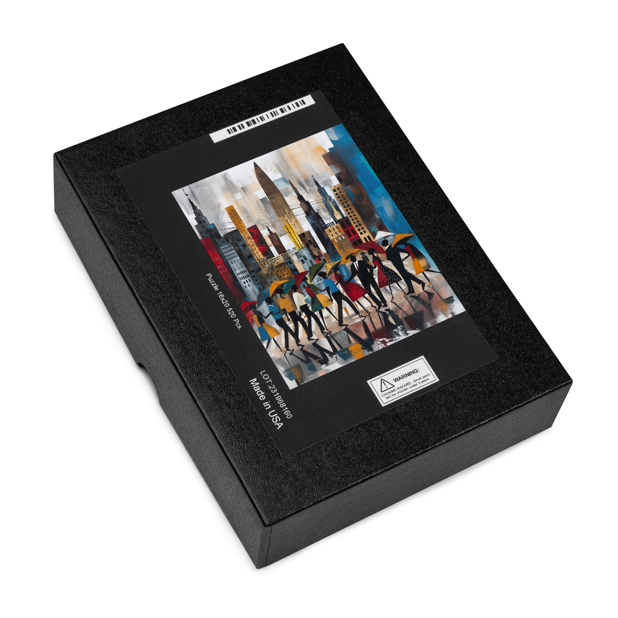 Black container box with photo of finished jigsaw puzzle of Rainy Day in Manhattan Jigsaw Puzzle - Afrocentric Abstract NYC Puzzle - Style 37.