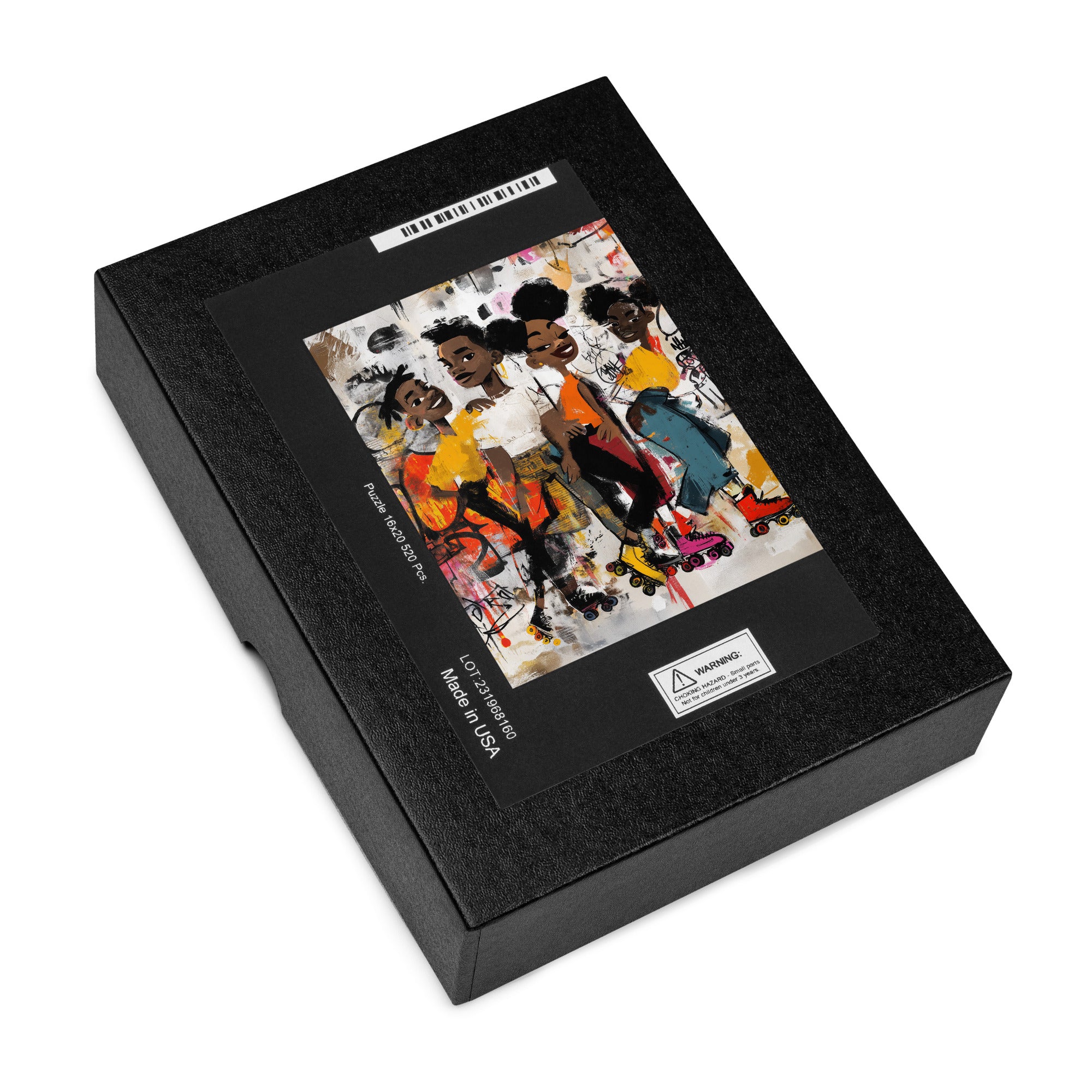 Black puzzle storage box featuring an Afrocentric graffiti-style jigsaw puzzle illustration of joyful Black teen roller skaters in a vibrant urban scene filled with bold colors and expressive street art.