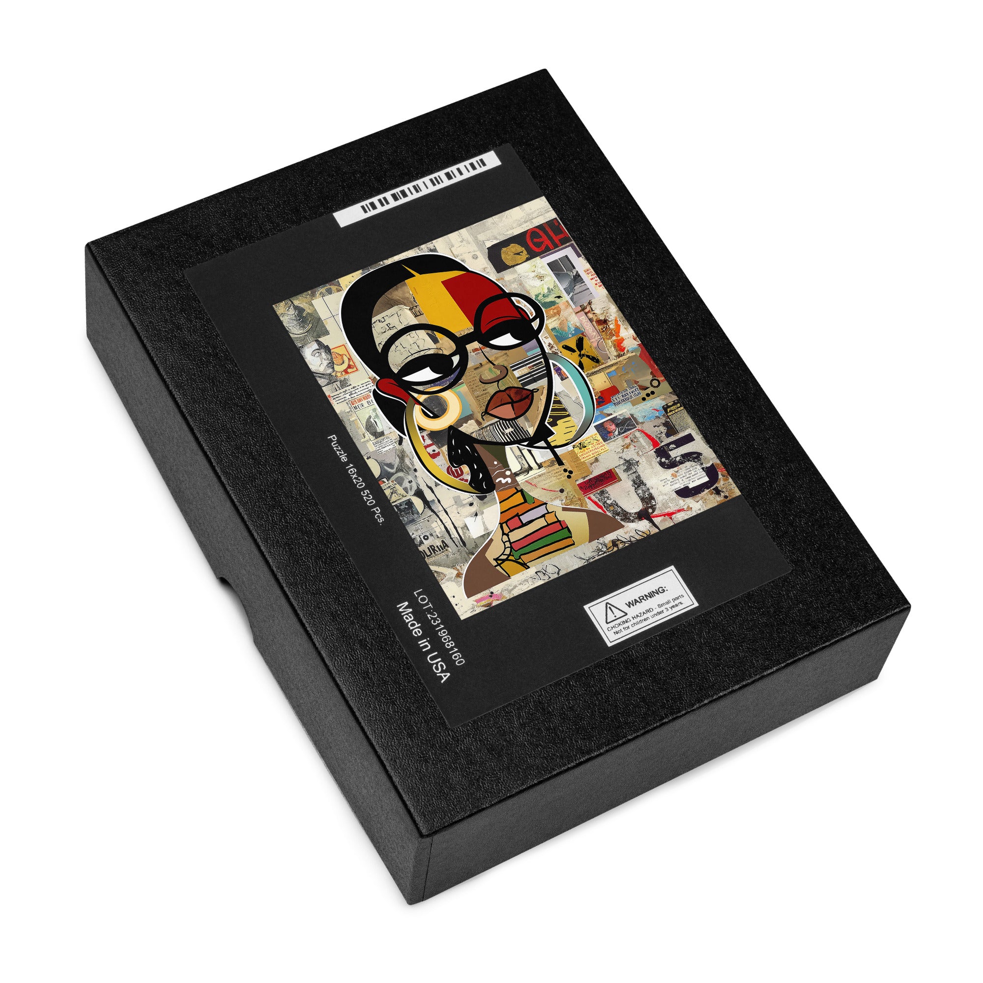 A black textured presentation box for a 'Translated in Black' art print, featuring a colorful collage portrait of a woman with glasses on the front insert, photographed on a white background.