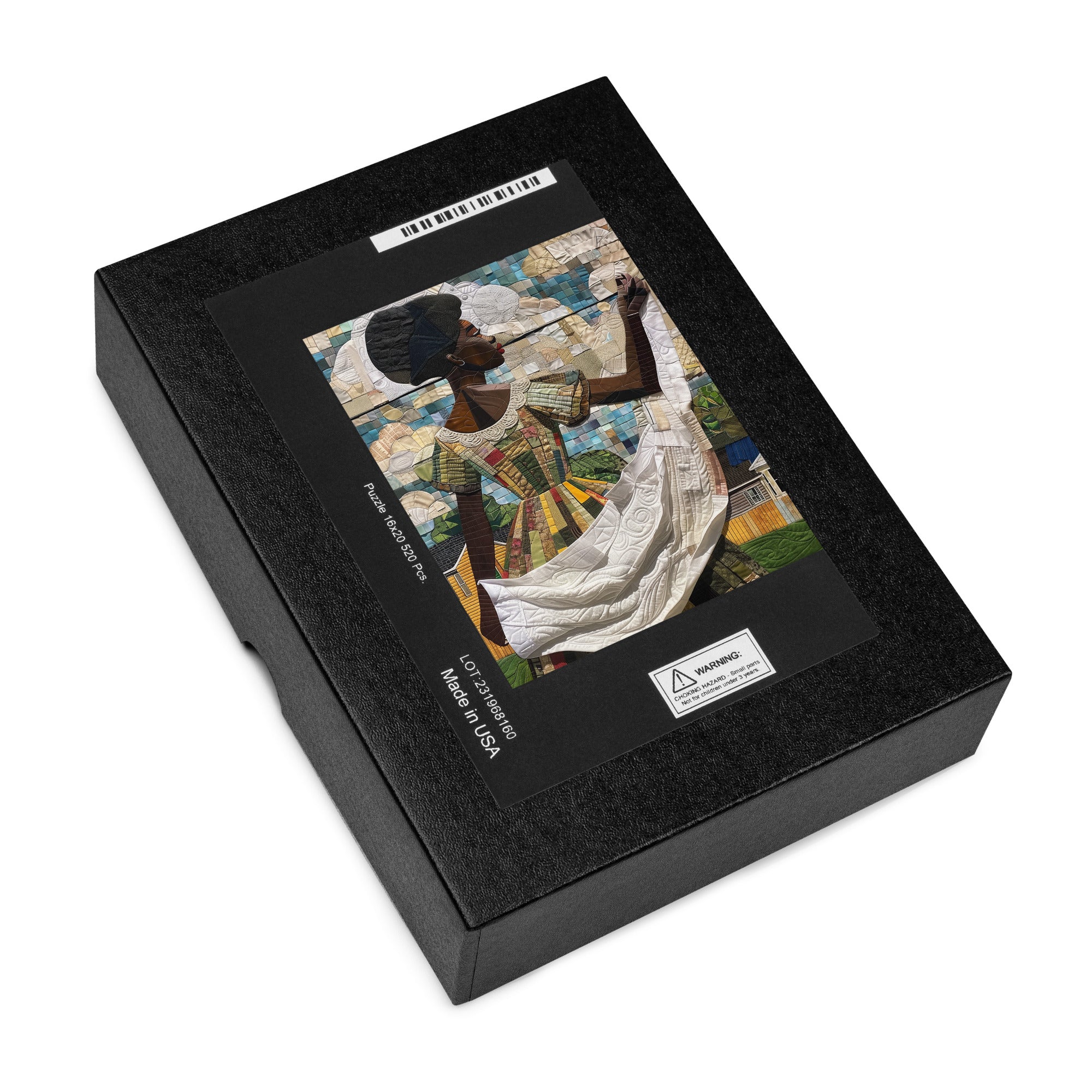 Black box container with picture on top of finished jigsaw puzzle in pieces featuring a Black woman hanging freshly washed sheets on an outdoor clothesline, created in a three-dimensional abstract mosaic quilt-collage style with rich texture.