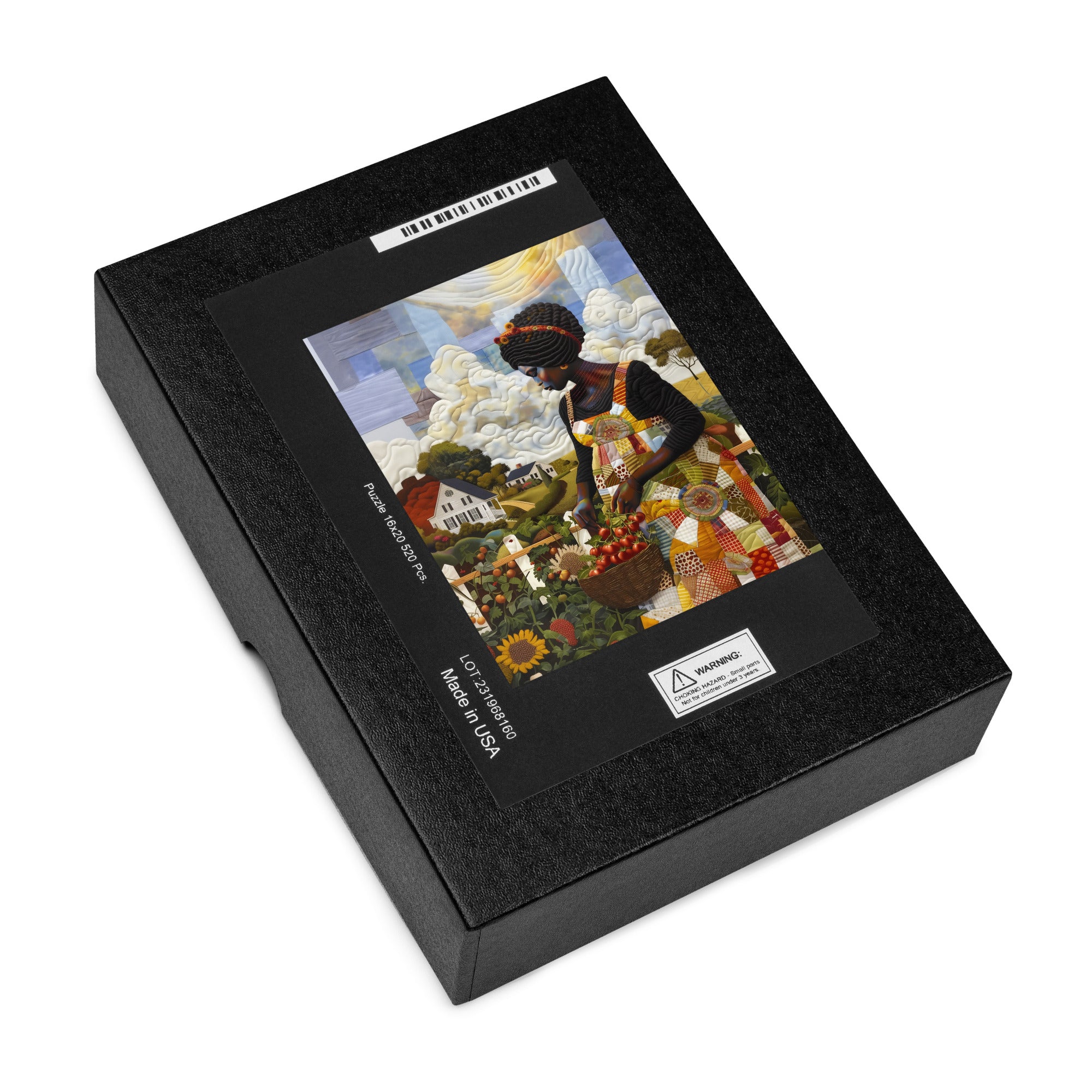 A black container box with a picture of the completed puzzle on top.