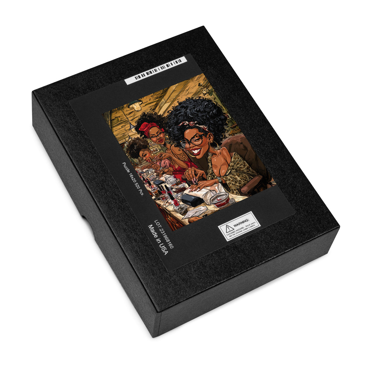 Black box for containing puzzle pieces with photo of completed puzzle on top, displayed agains a white background.