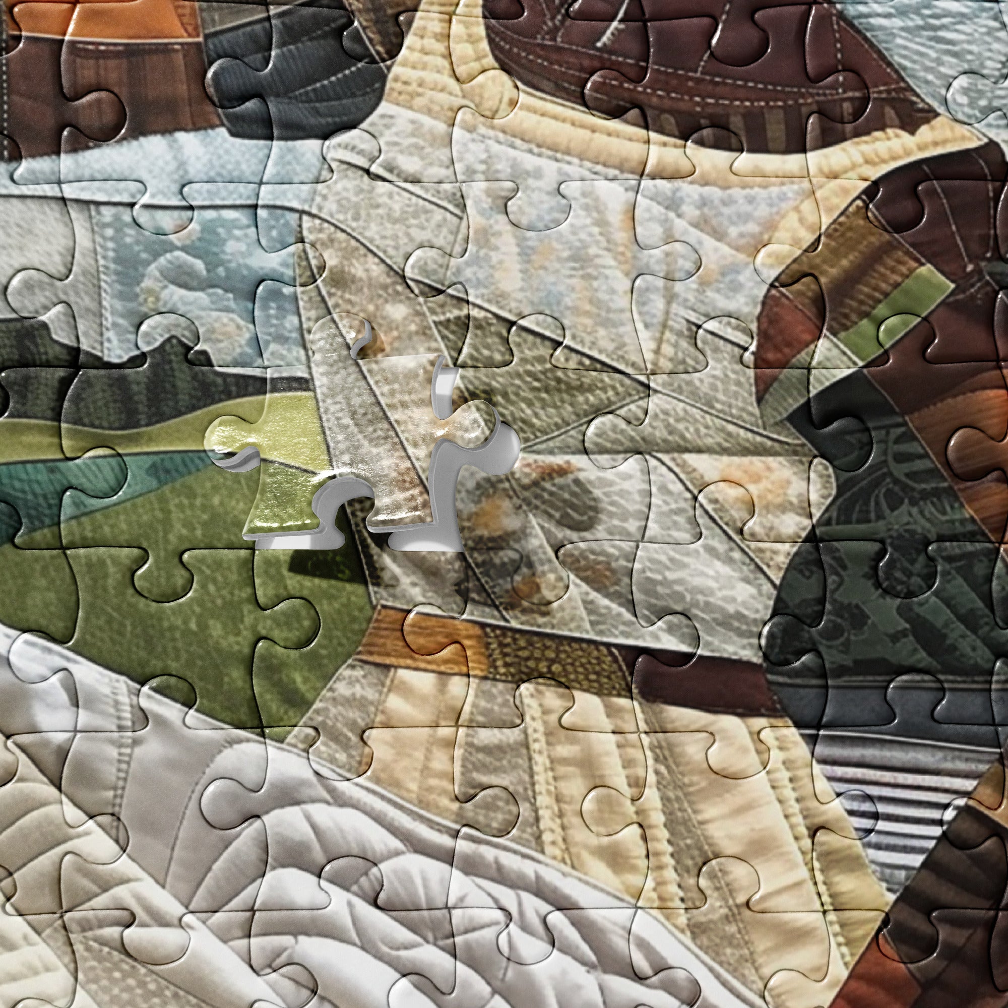 Afrocentric jigsaw puzzle featuring a Black woman hanging laundry on a clothesline, illustrated in a mosaic quilt collage style celebrating domestic life, care, and cultural heritage.