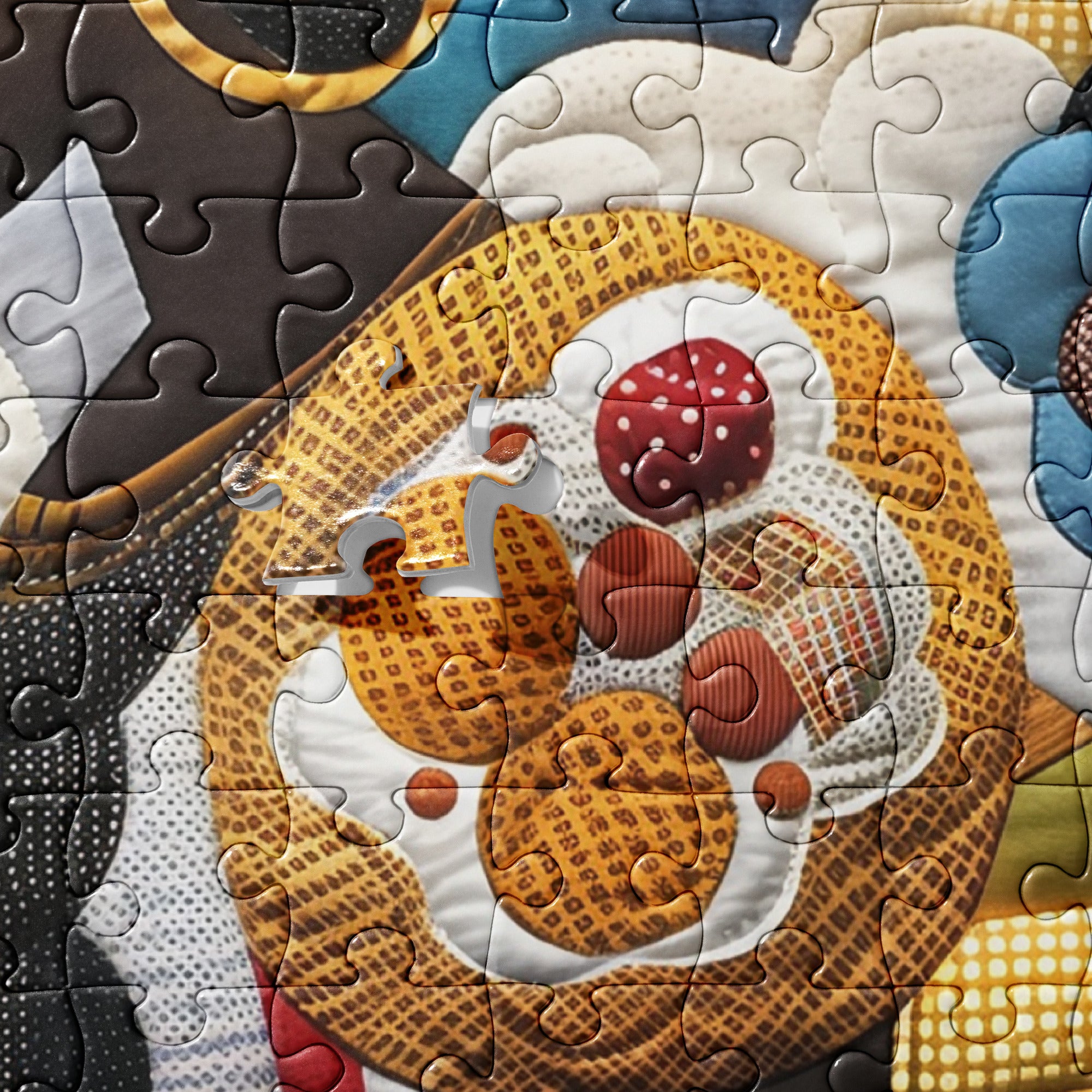 Afrocentric jigsaw puzzle featuring a Black woman planting vegetables in her backyard garden, illustrated in an abstract quilt collage style celebrating ancestral wisdom and self-sufficiency.