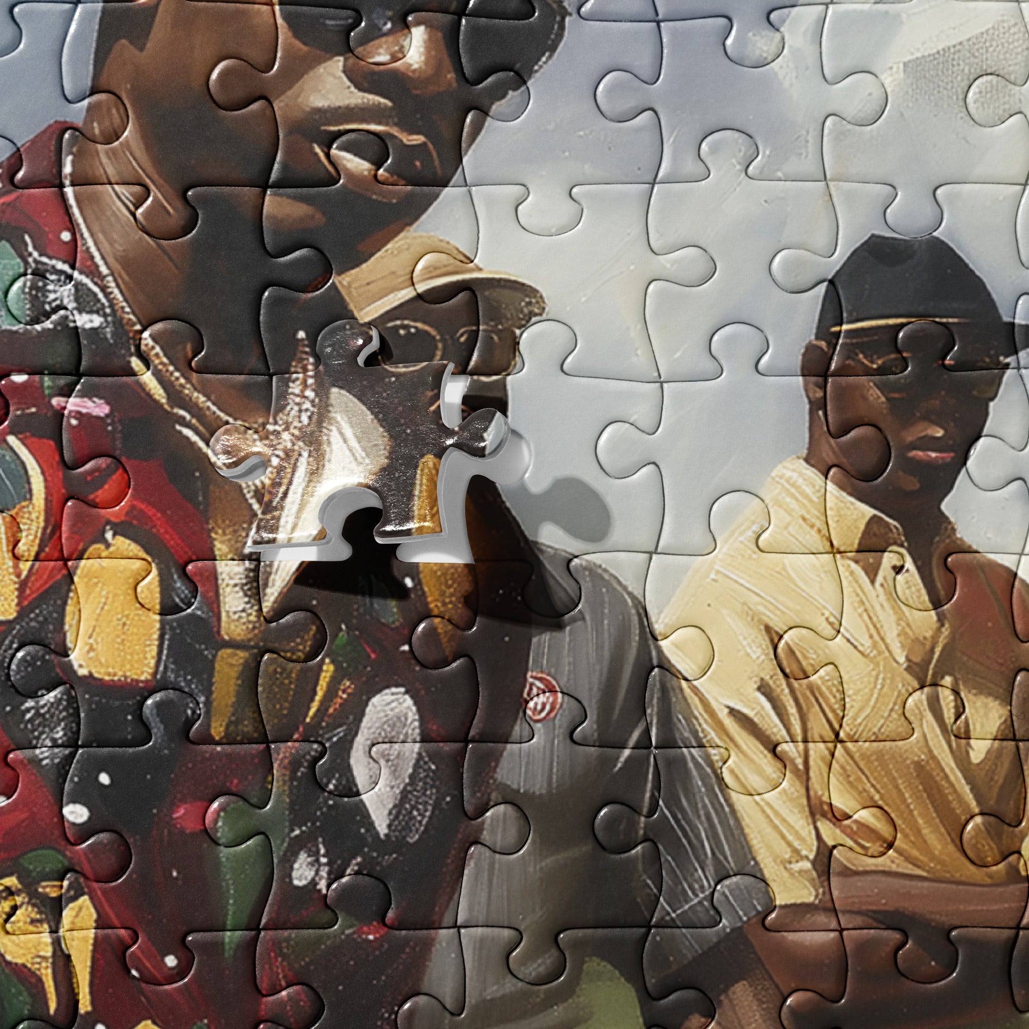 Afrocentric jigsaw puzzle featuring stylish Black men playing golf on a lush green course, celebrating Black joy, brotherhood, and leisure in a vibrant fine art style.