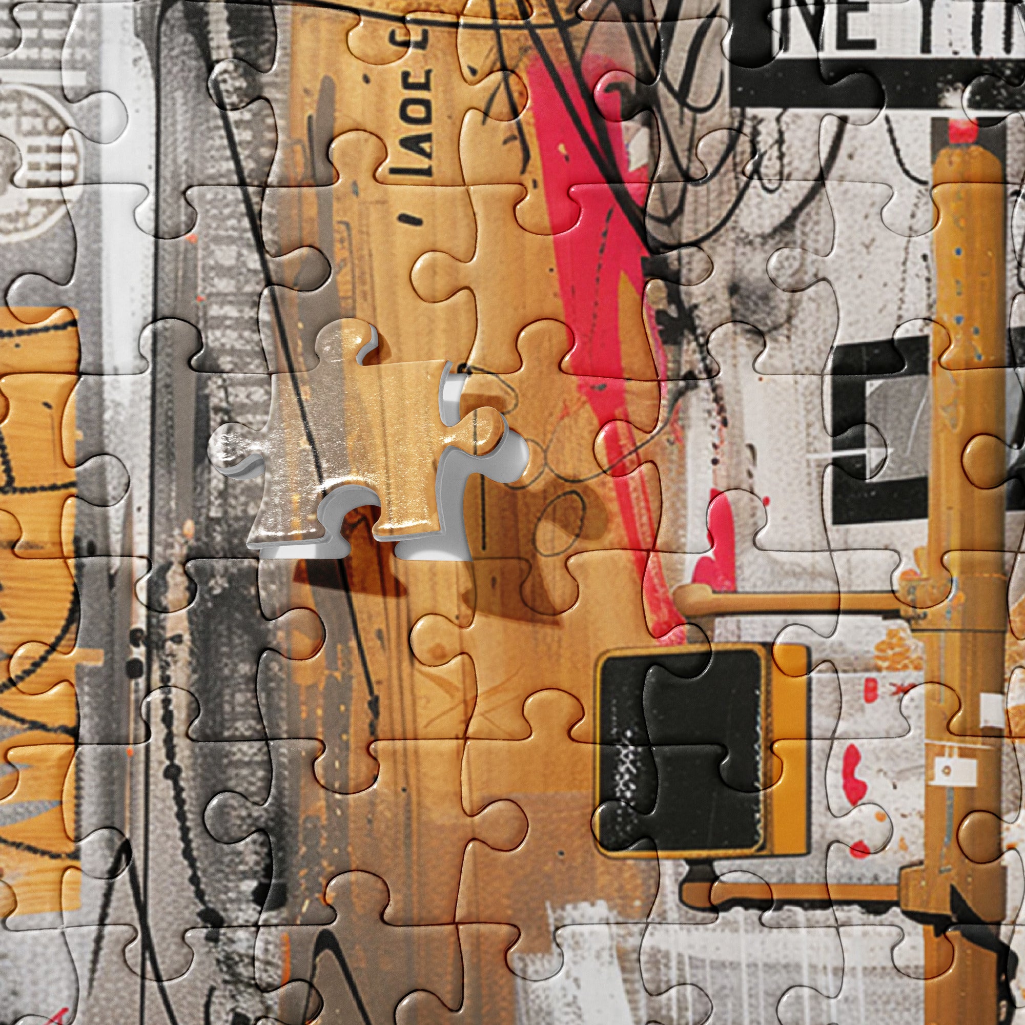 Graffiti-style jigsaw puzzle featuring Black silhouettes walking in the rain with umbrellas, surrounded by NYC yellow taxis and Manhattan skyscrapers in a gritty urban cityscape.