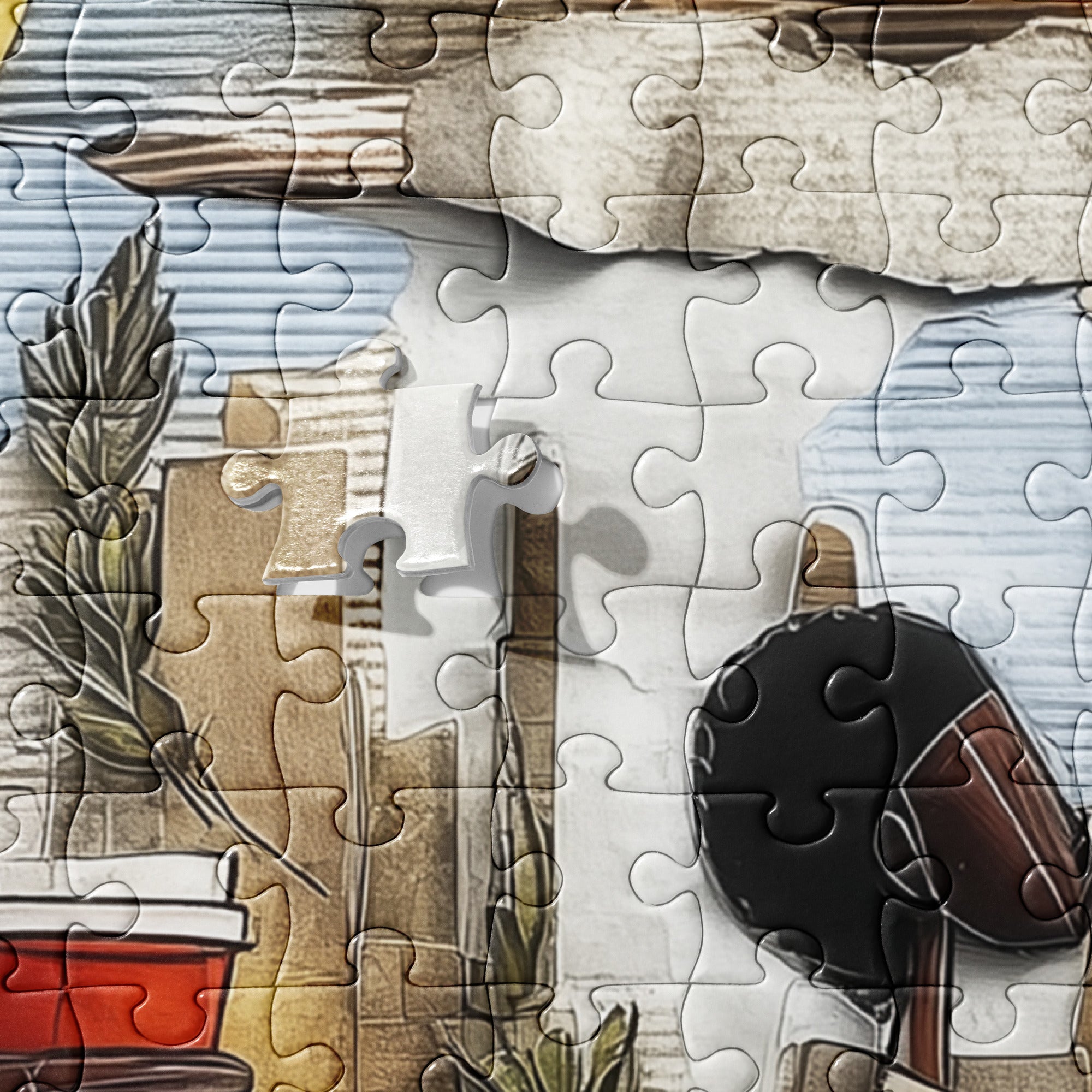 Abstract jigsaw puzzle of Black commuters walking in Manhattan with coffee cups and potted plants, surrounded by yellow taxis and NYC skyscrapers during morning rush hour.