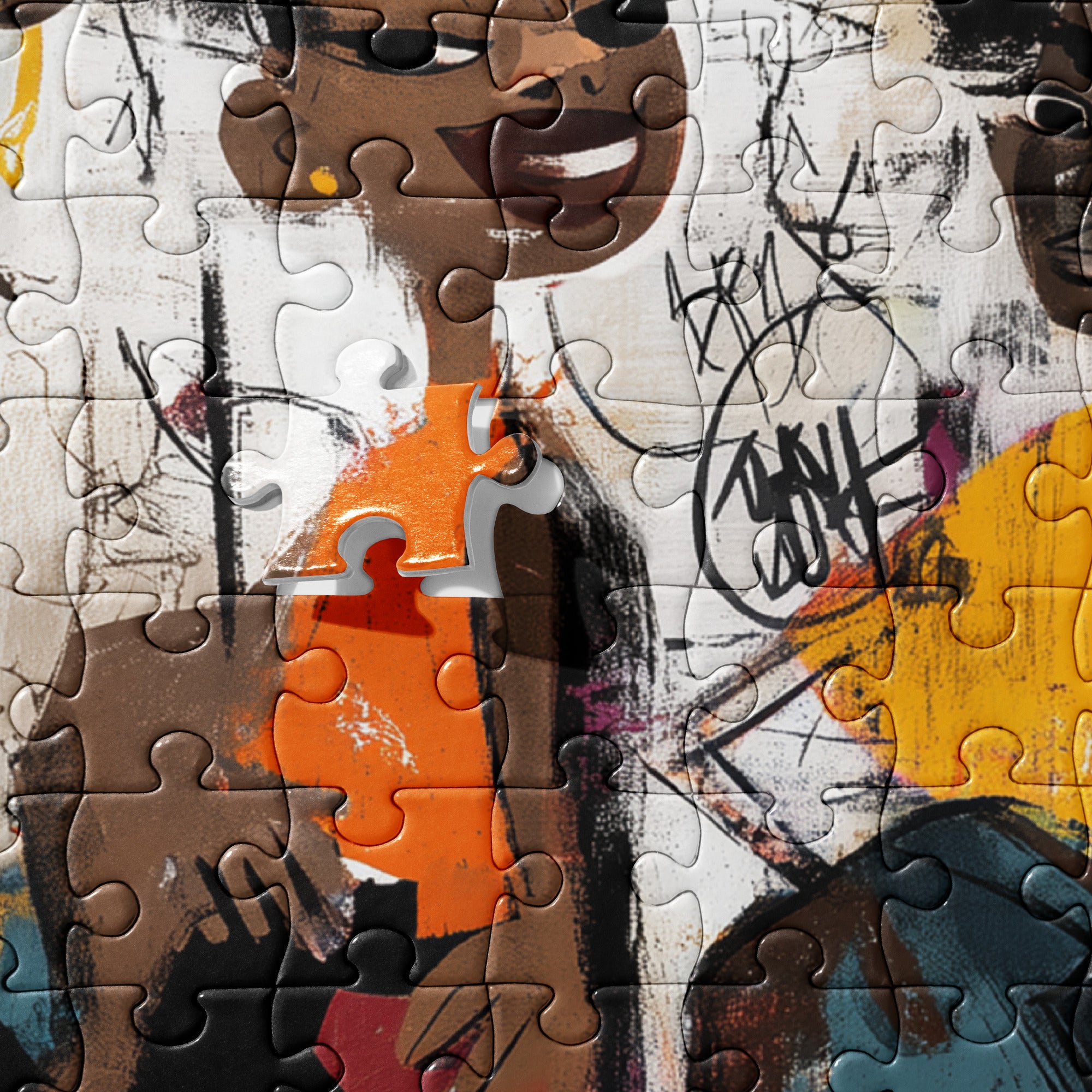 Close up detail of  jigsaw puzzle featuring Afrocentric graffiti artwork of joyful Black roller skaters.