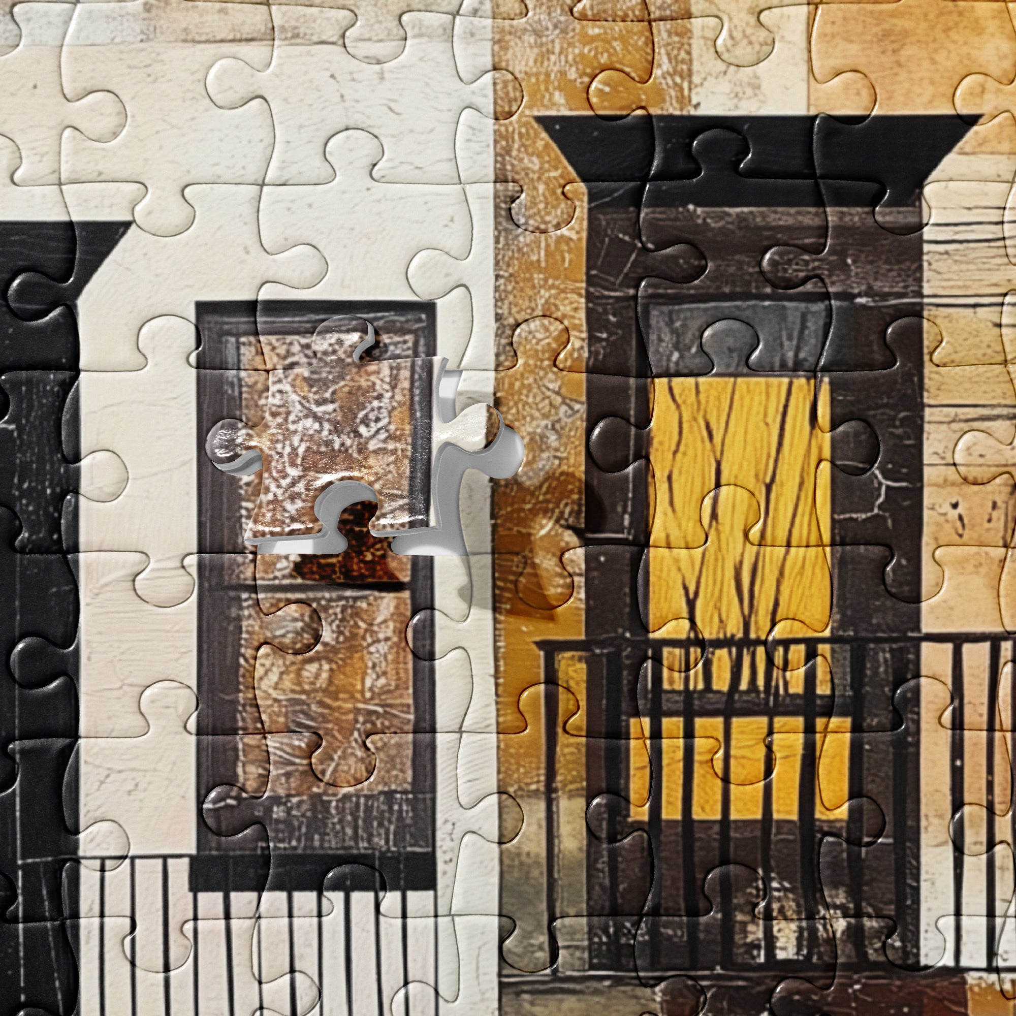 A completed jigsaw puzzle showing a close-up jigsaw puzzle piece of the architectural scene with cream, black, brown, and yellow building facades and window details.