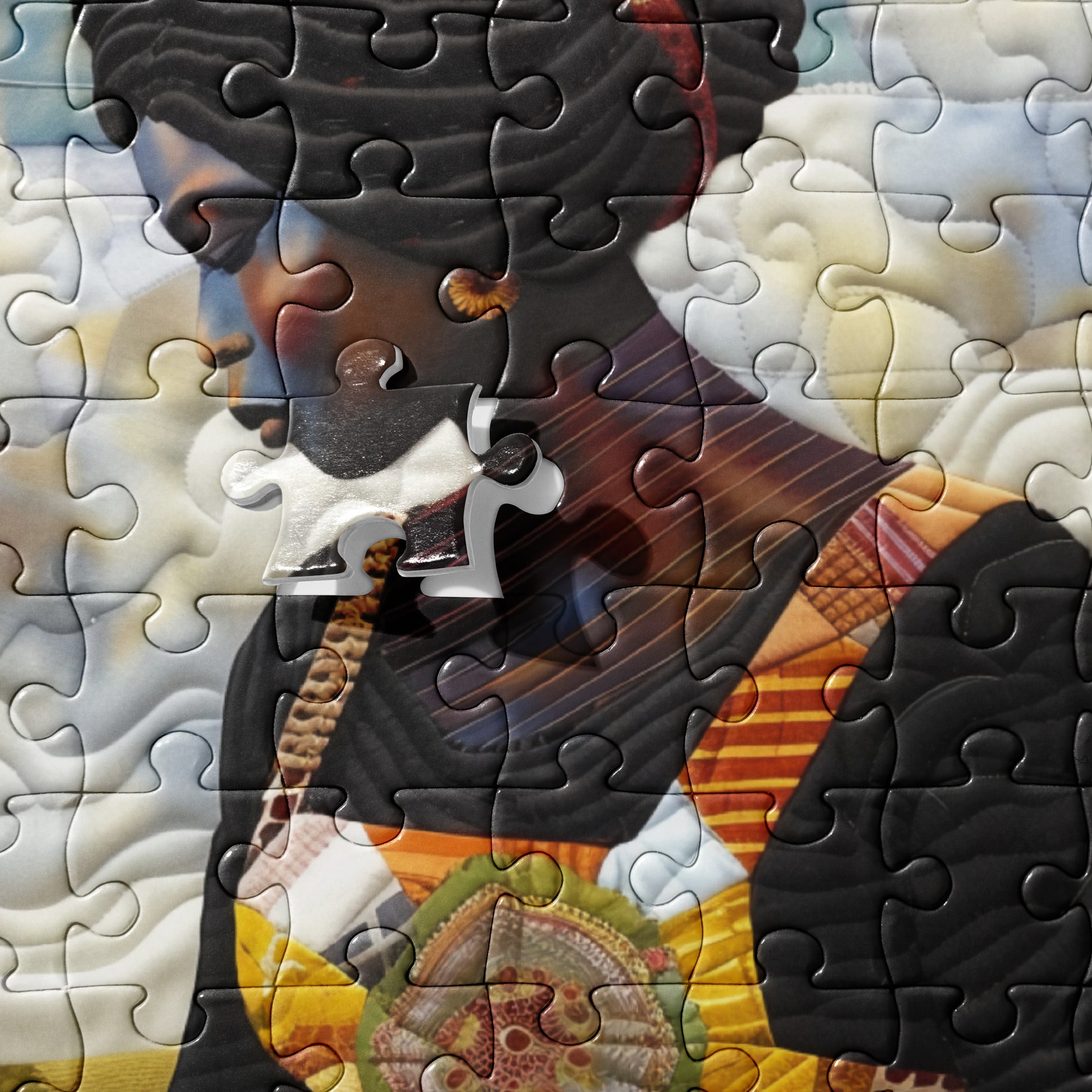 A completed jigsaw puzzle showing a close-up detail of puzzle pieces. 