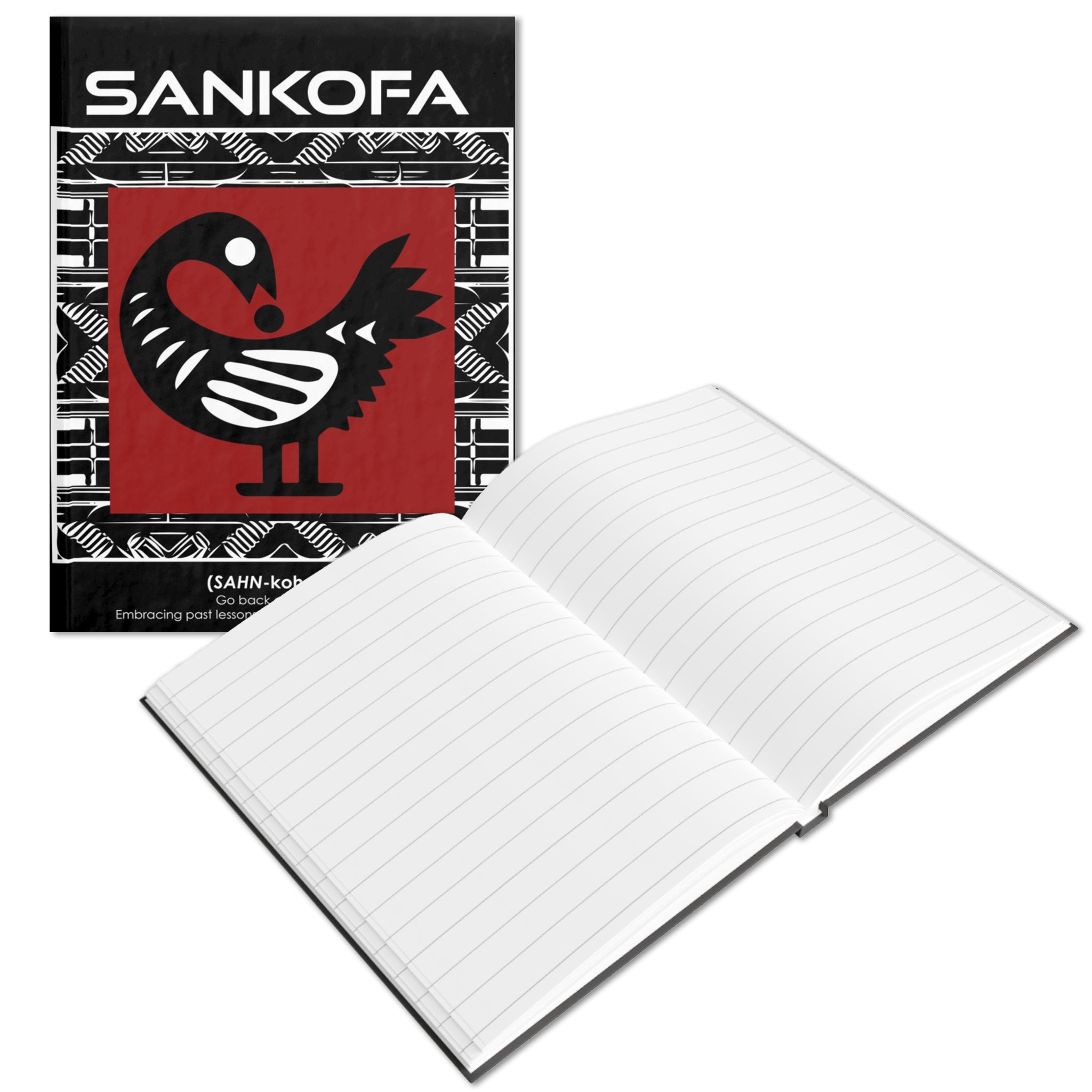 Adinkra Sankofa Journal featuring the bird symbol representing "Go Back and Get It." A tribute to African heritage and Ghanaian culture, perfect for journaling, sketching, and self-reflection.  Lined Pages