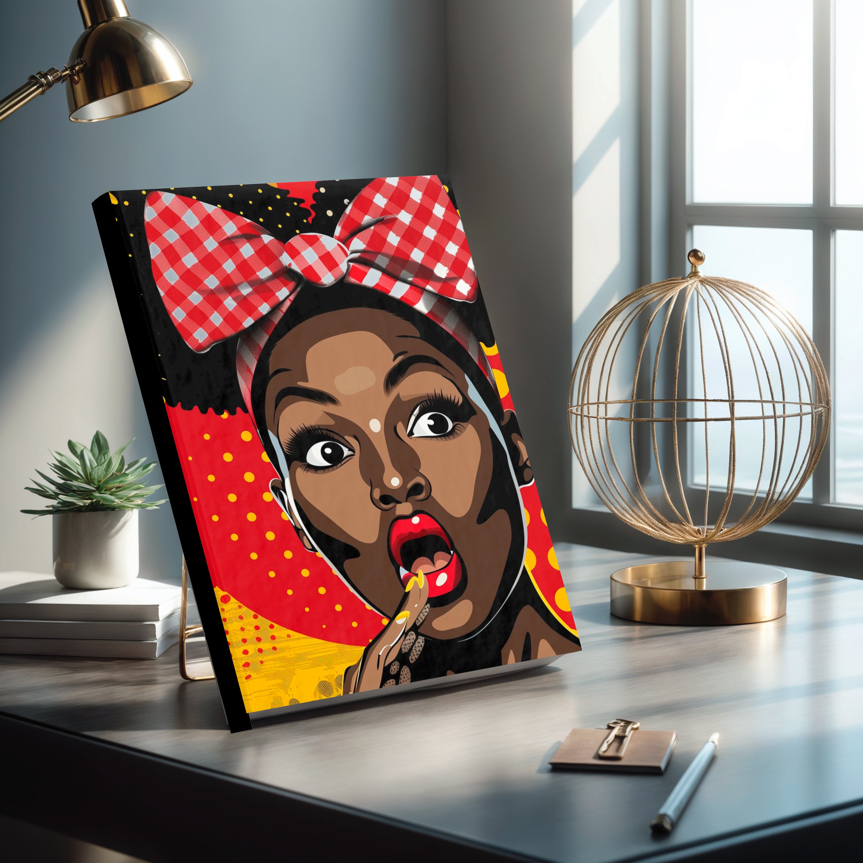 Black Girl Shocked Journal with a pop art comic book style illustration, featuring a surprised Black woman. Afrocentric notebook for sketching, writing, or journaling.