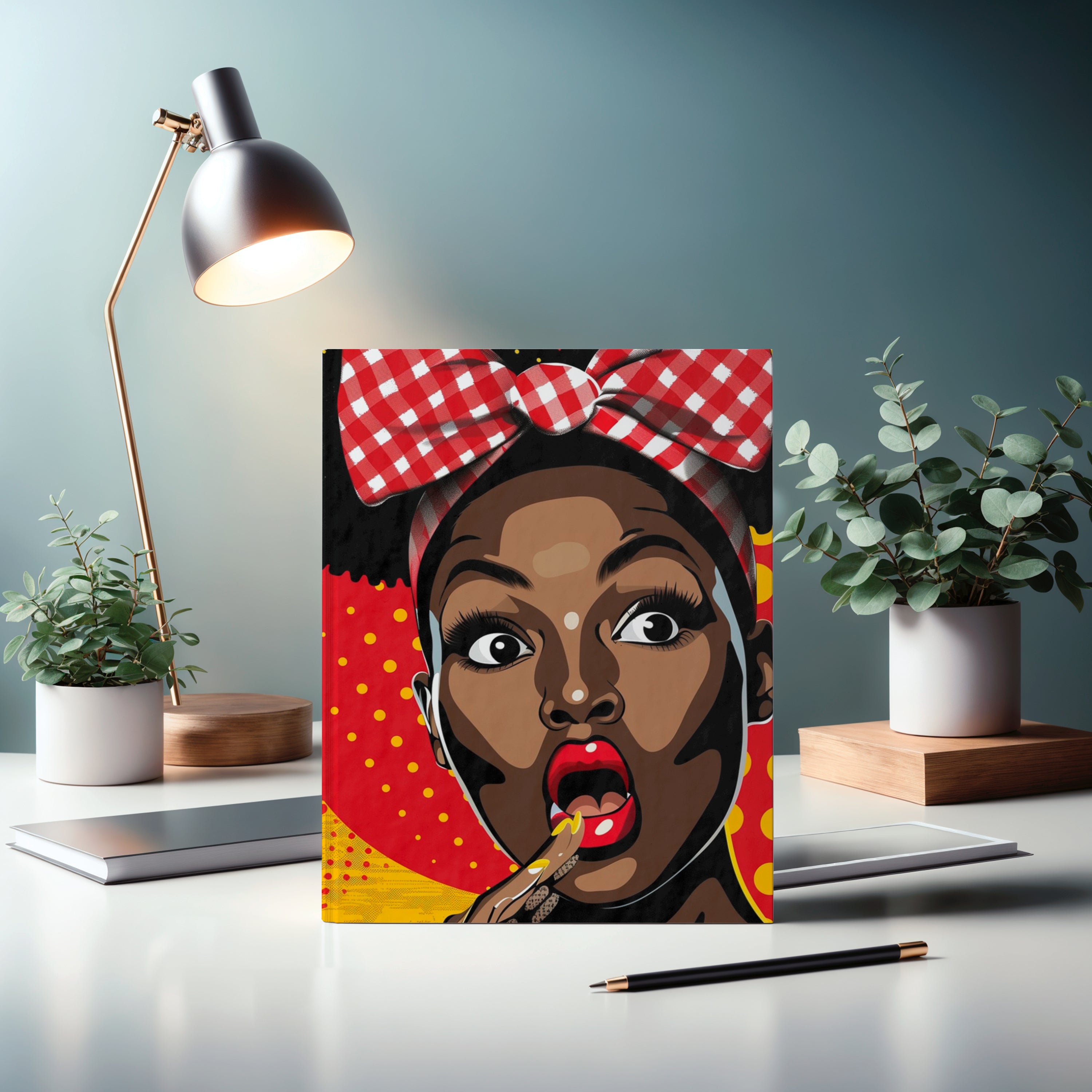 Black Girl Shocked Journal with a pop art comic book style illustration, featuring a surprised Black woman. Afrocentric notebook for sketching, writing, or journaling.