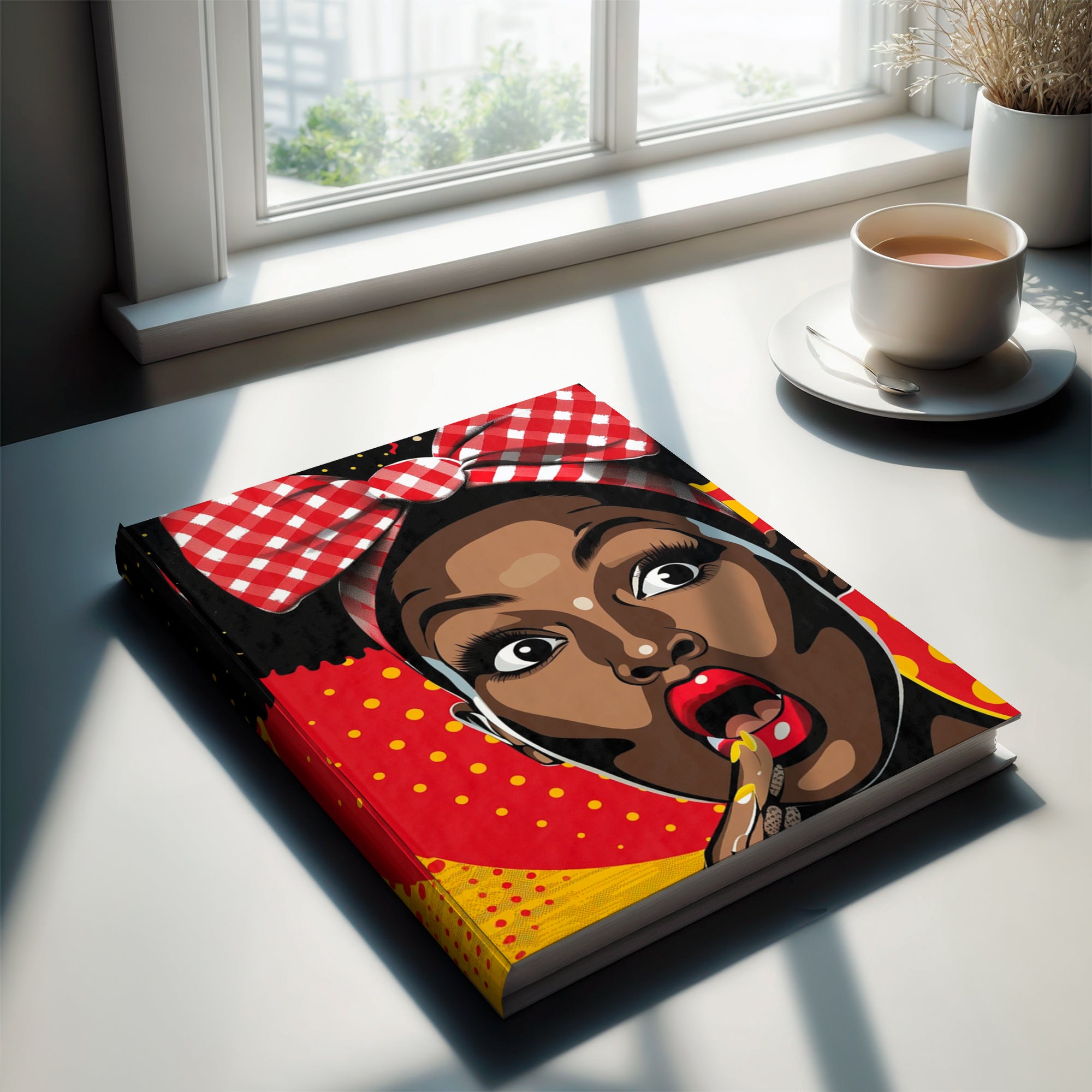 Black Girl Shocked Journal with a pop art comic book style illustration, featuring a surprised Black woman. Afrocentric notebook for sketching, writing, or journaling.