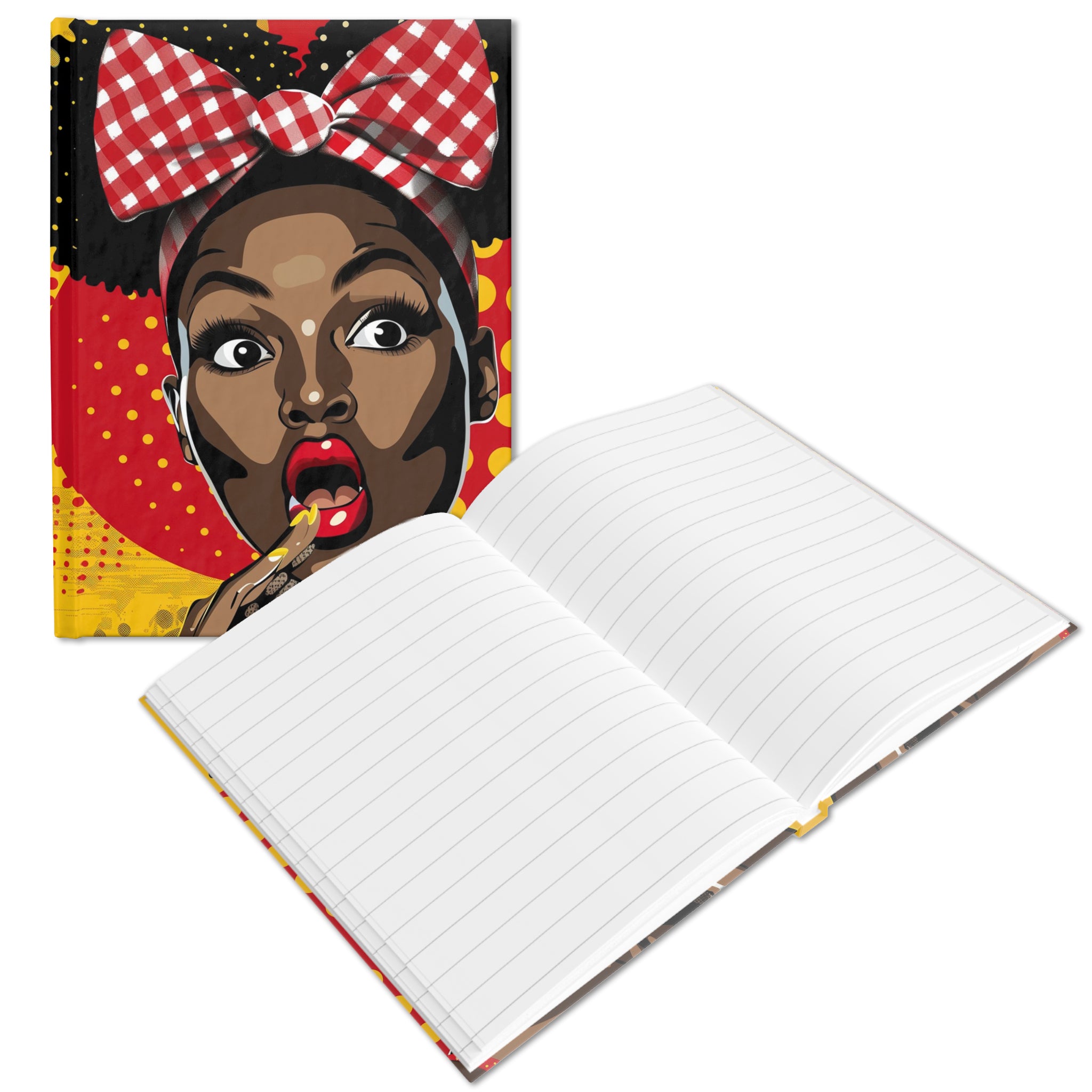 Black Girl Shocked Journal with a pop art comic book style illustration, featuring a surprised Black woman. Afrocentric notebook for sketching, writing, or journaling. Lined Pages
