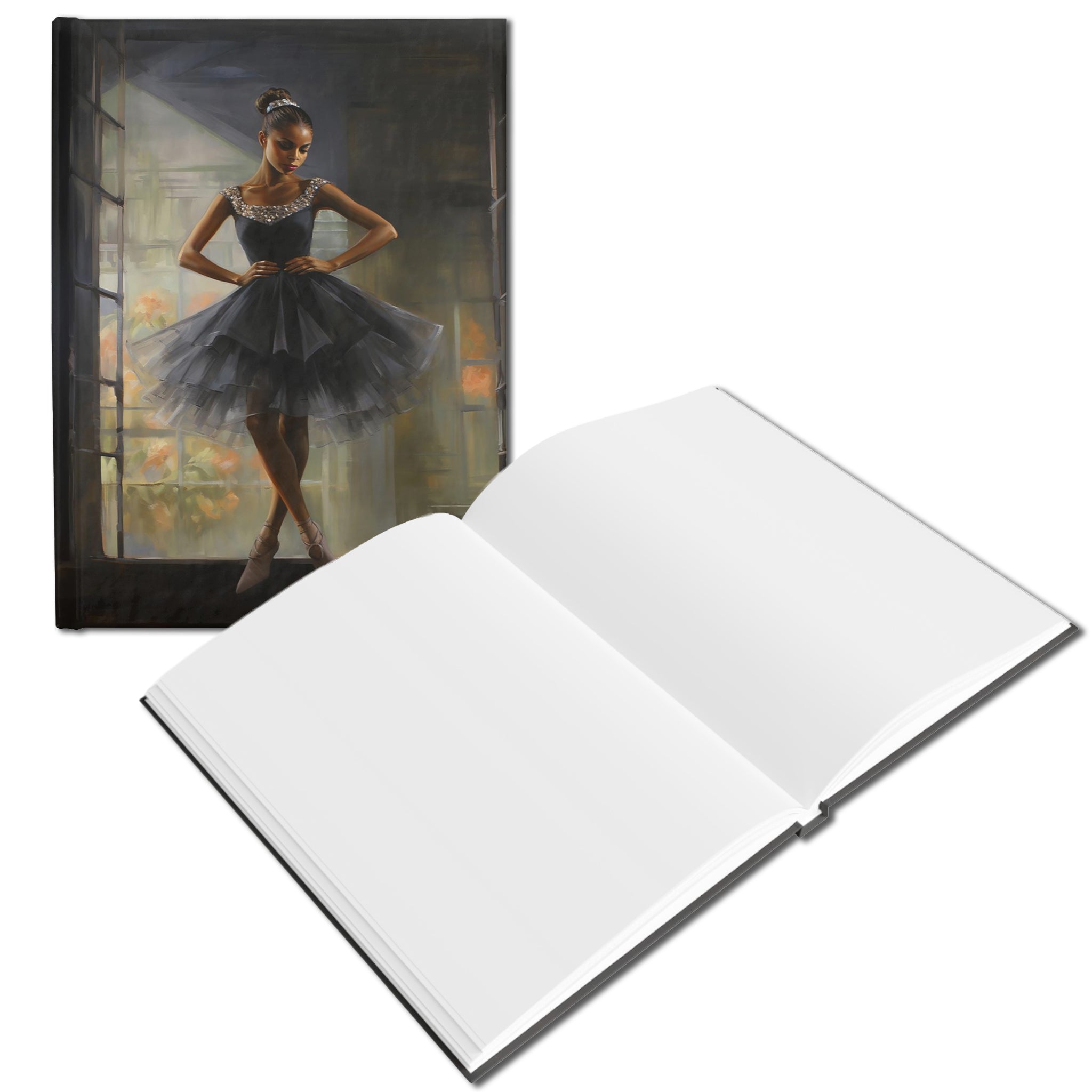 Black Girl Ballerina Journal featuring a graceful ballerina dance pose. Perfect for journaling goals, dance sketches, and choreography notes. A great gift for ballet students, teachers, and dance lovers. Blank pages.