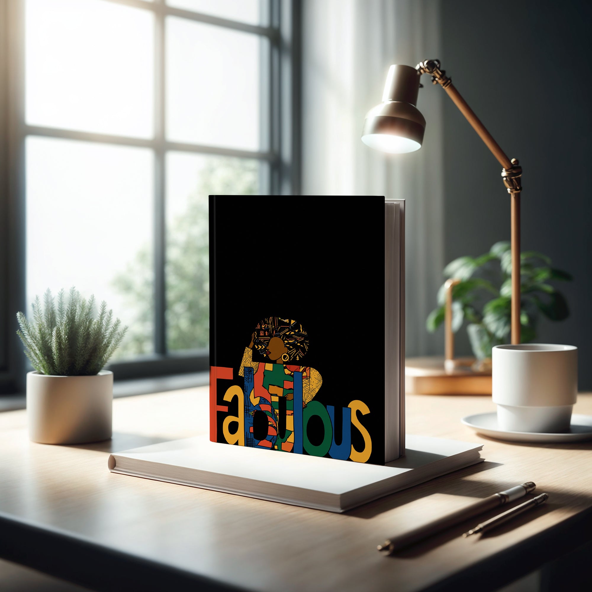A black hardcover notebook or journal, the front cover features a colorful graphic with the word 'Fabulous' in large multicolored letters and a stylized Afrocentric Black woman above it.  The journal is featured on a desk by a window.