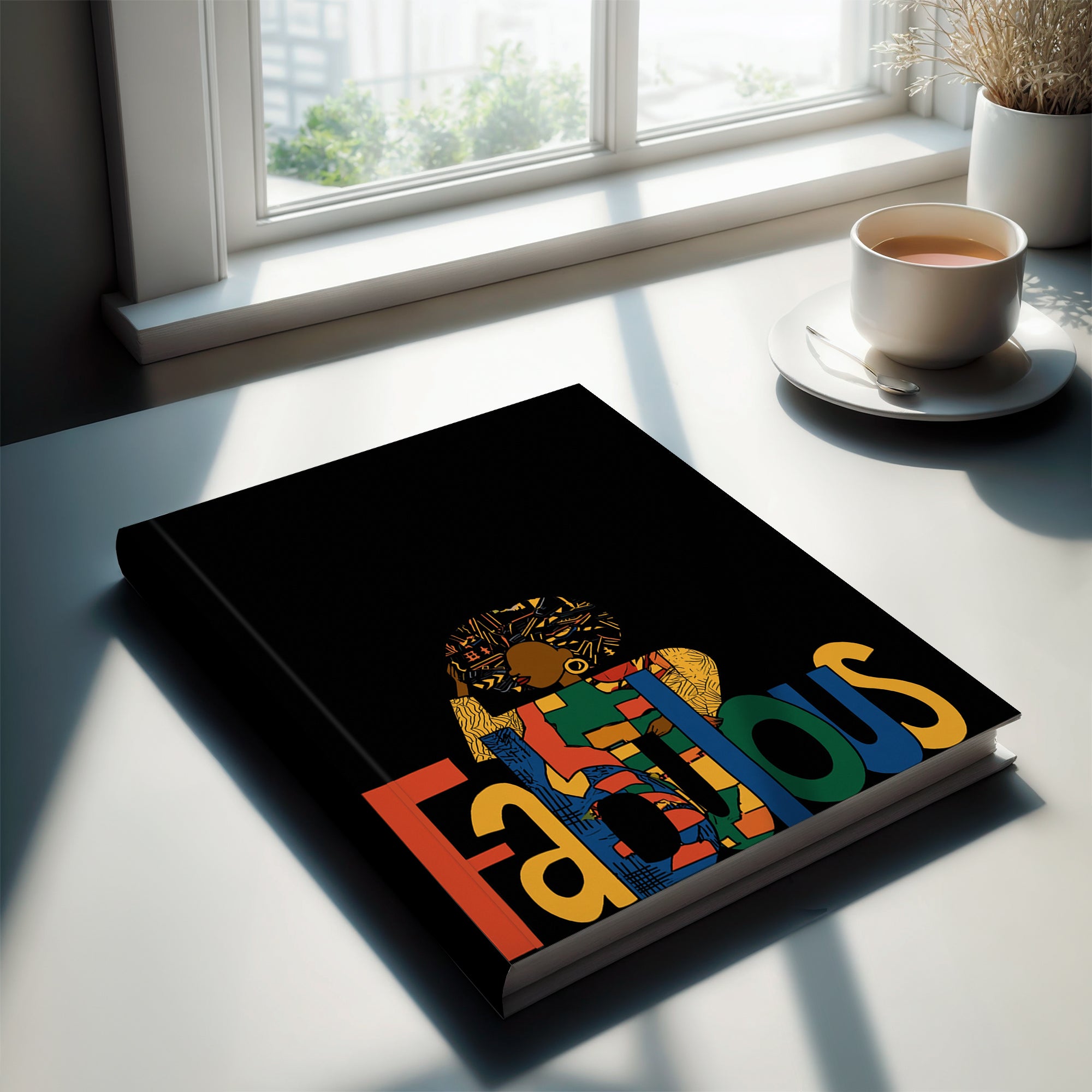 A flat lay view of a black hardcover notebook or journal, the front cover features a colorful graphic with the word 'Fabulous' in large multicolored letters and a stylized Afrocentric Black woman above it.  The journal is featured on a desk by a window.