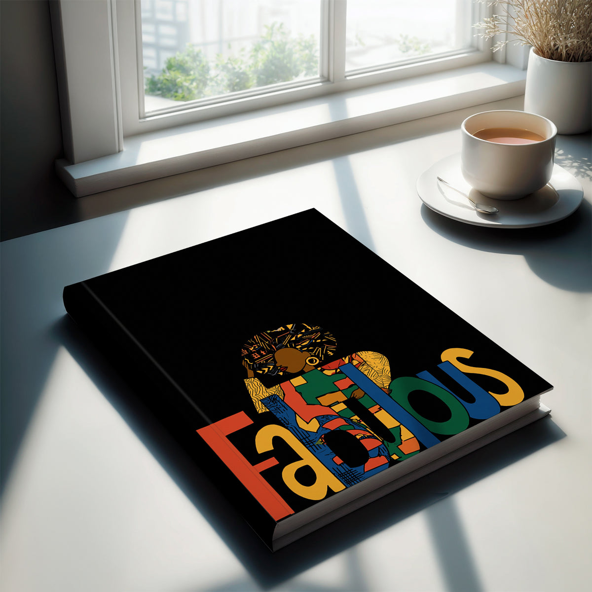 A flat lay view of a black hardcover notebook or journal, the front cover features a colorful graphic with the word 'Fabulous' in large multicolored letters and a stylized Afrocentric Black woman above it.  The journal is featured on a desk by a window.