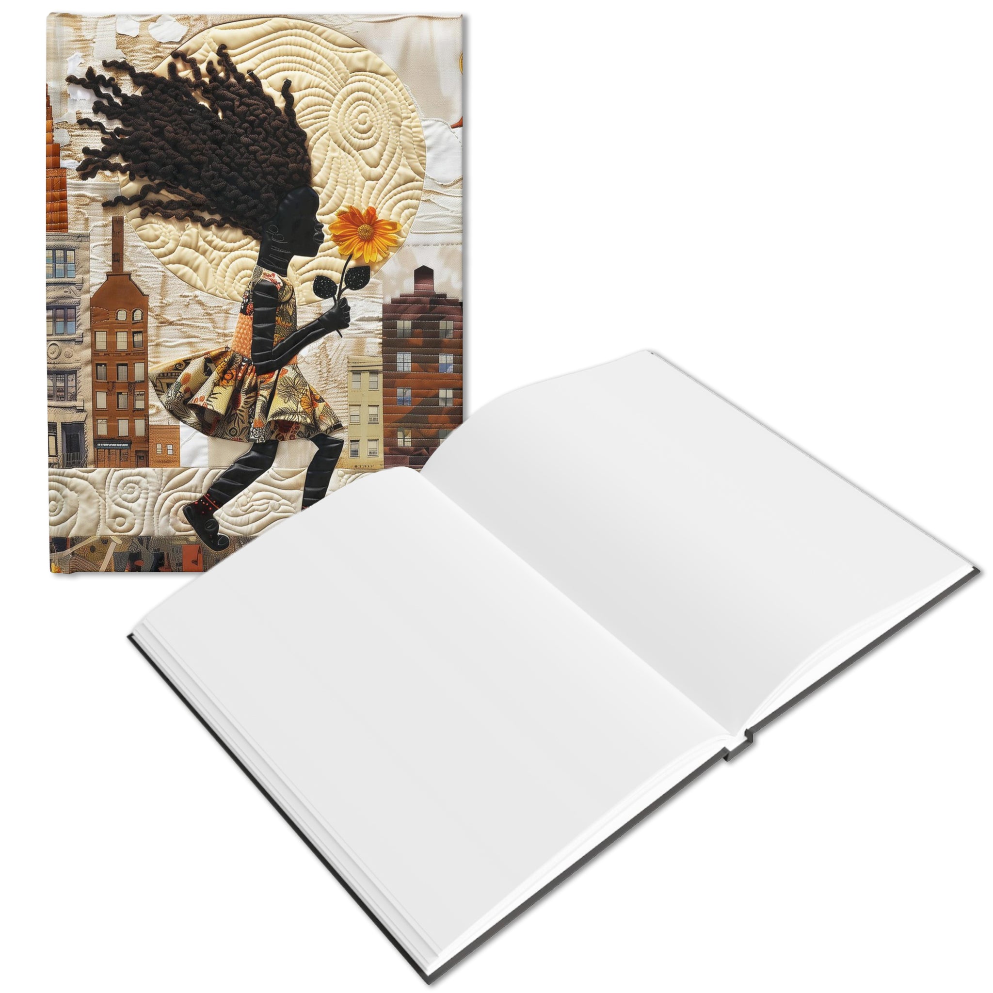 Cover of a hardcover journal shown in a flat lay against a white background, featuring a young Black girl carrying a yellow sunflower as she walks through the historic streets of Harlem - Blank pages.