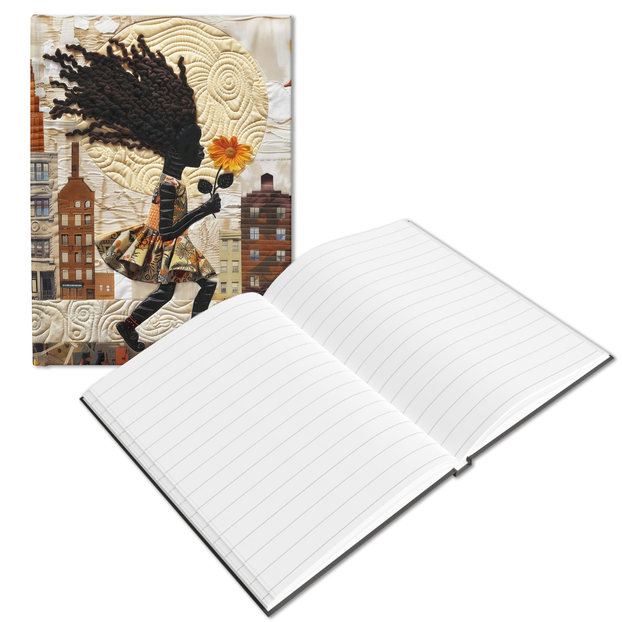 Cover of a hardcover journal shown in a flat lay against a white background, featuring a young Black girl carrying a yellow sunflower as she walks through the historic streets of Harlem - Lined pages.