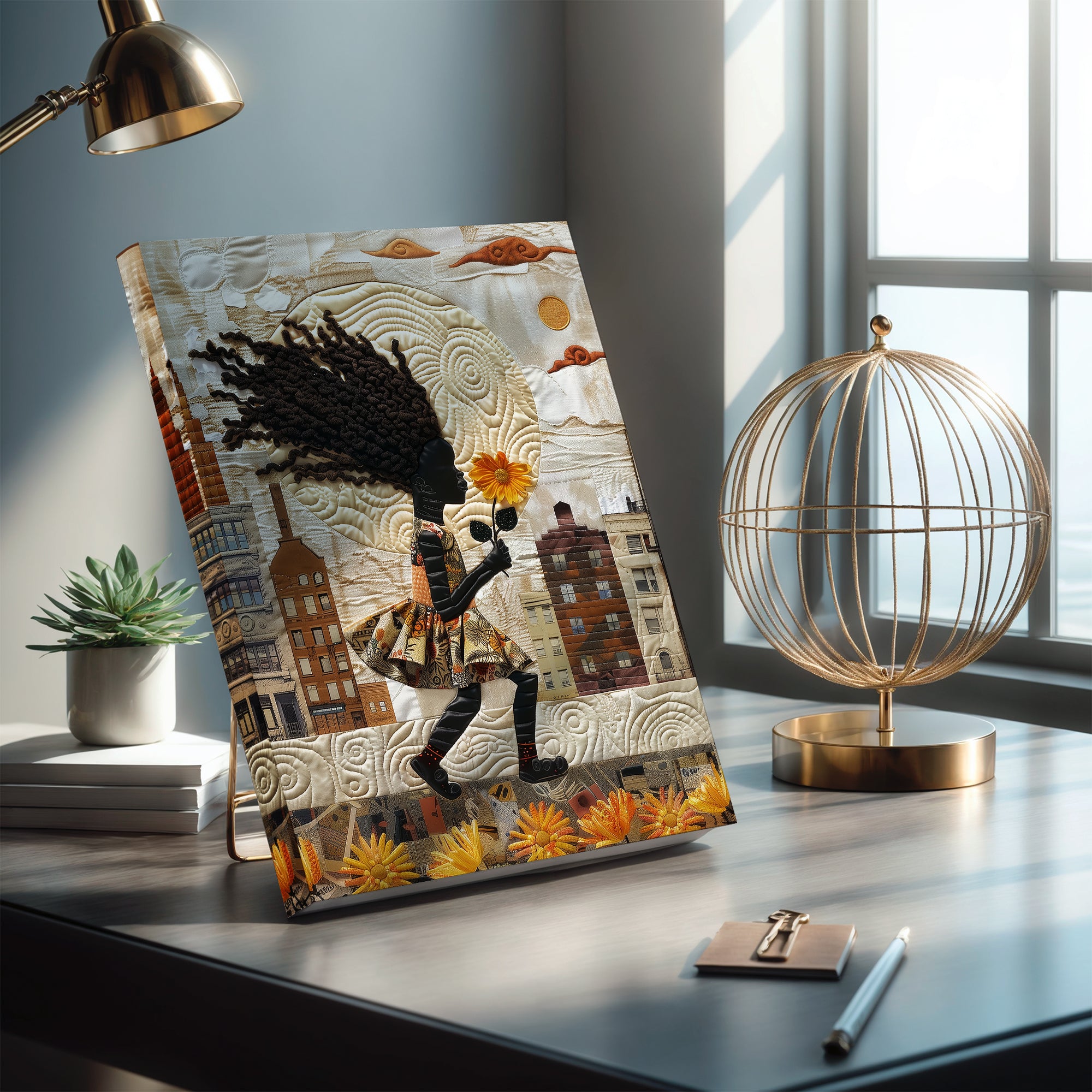 Hardcover journal featuring a young Black girl carrying a yellow sunflower while walking through Harlem. Her long braided hair blows in the wind with historic Harlem brownstones and New York City architecture in the background. Colorful Afrocentric faux quilt collage artwork with a textured 3D-inspired appearance decorates the journal cover.